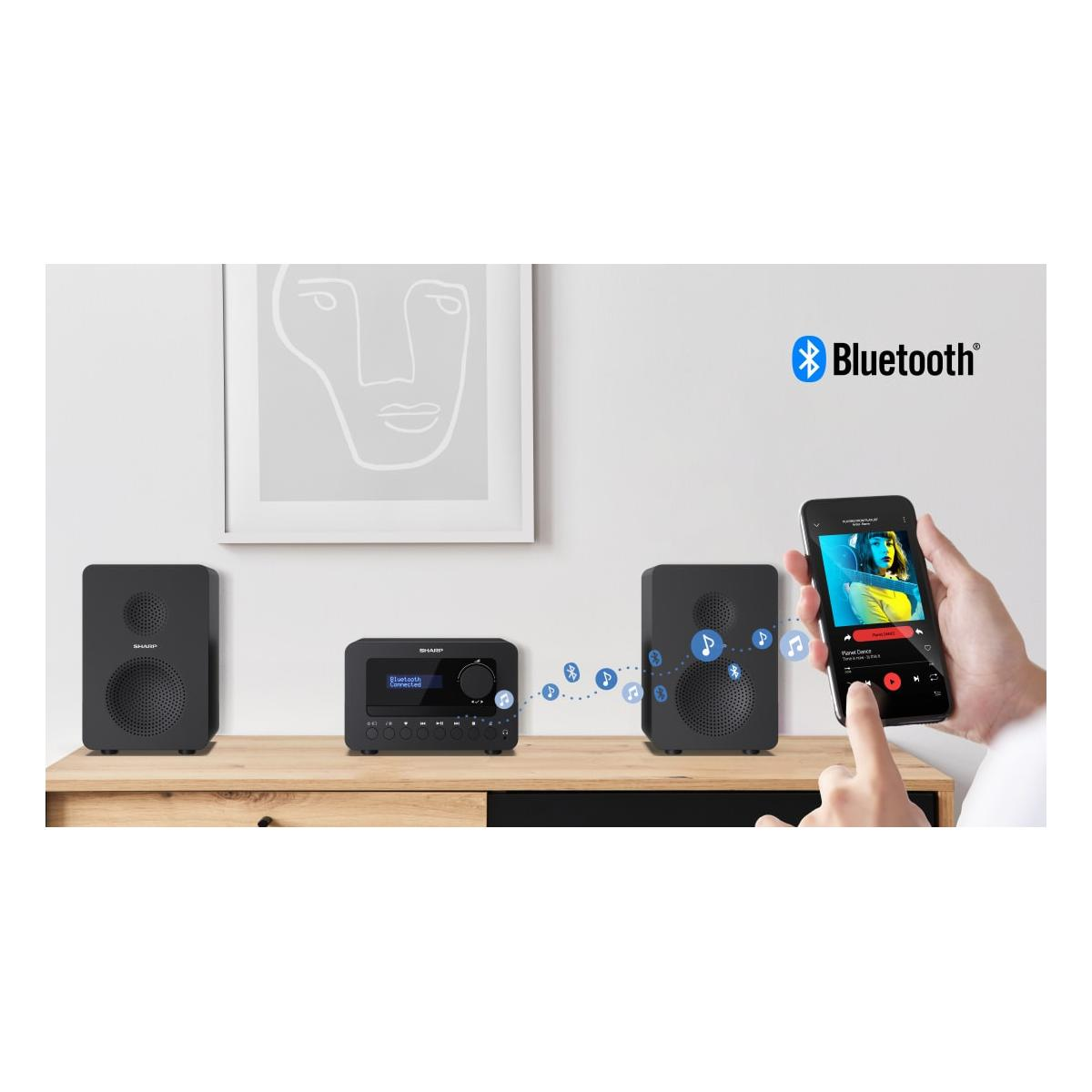 Schwarzes Musikanlagensystem mit zwei Lautsprechern, Zentralgerät und Smartphone.