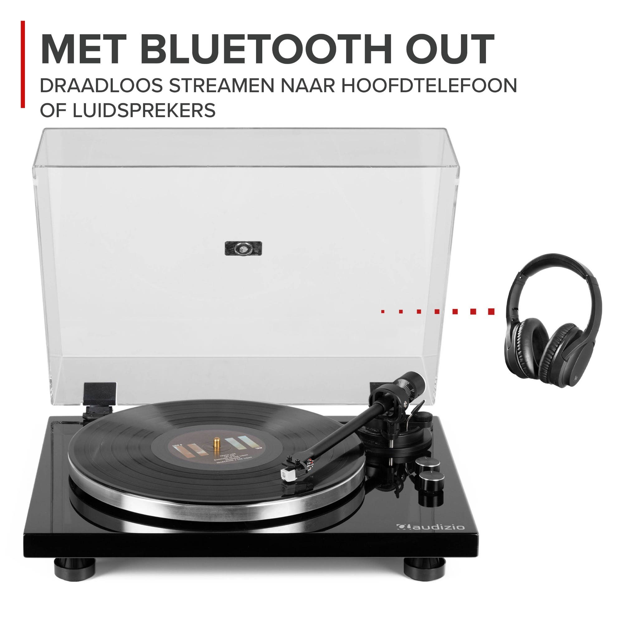 Zwarte platenspeler met vinyl en koptelefoon, Bluetooth ingeschakeld.