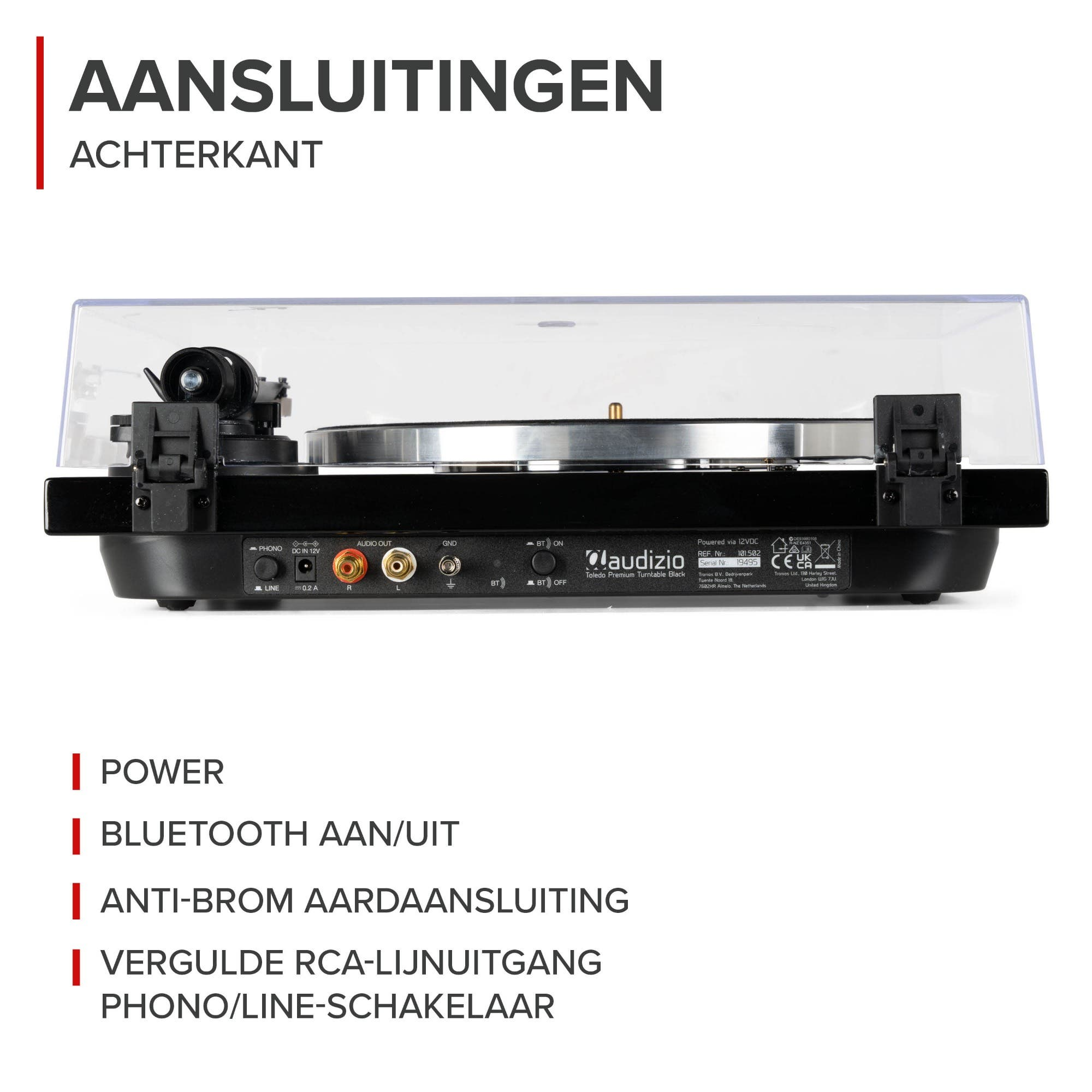 Achterkant van een platenspeler met stroom-, audio-, GND- en Bluetooth-aansluitingen.