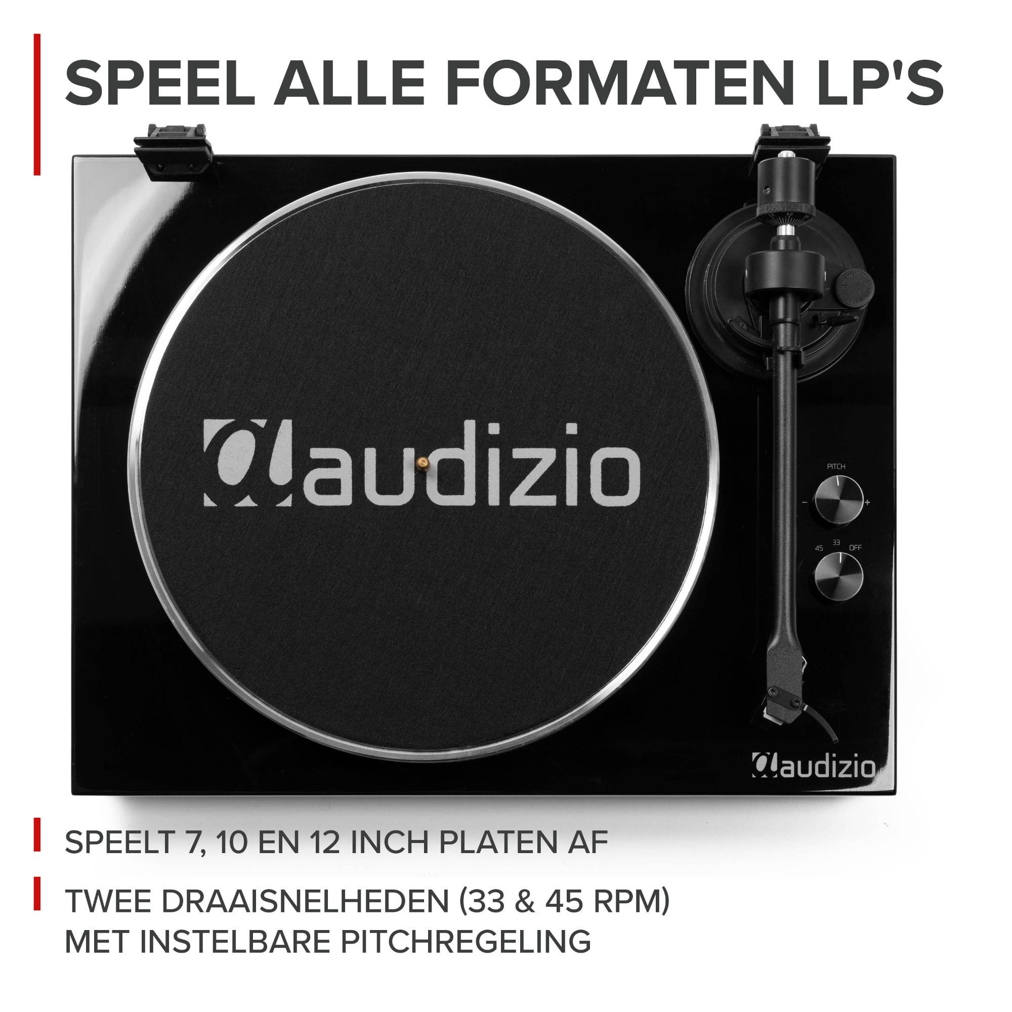 Zwarte platenspeler met Audizio logo, speelt 7, 10, 12 inch platen.