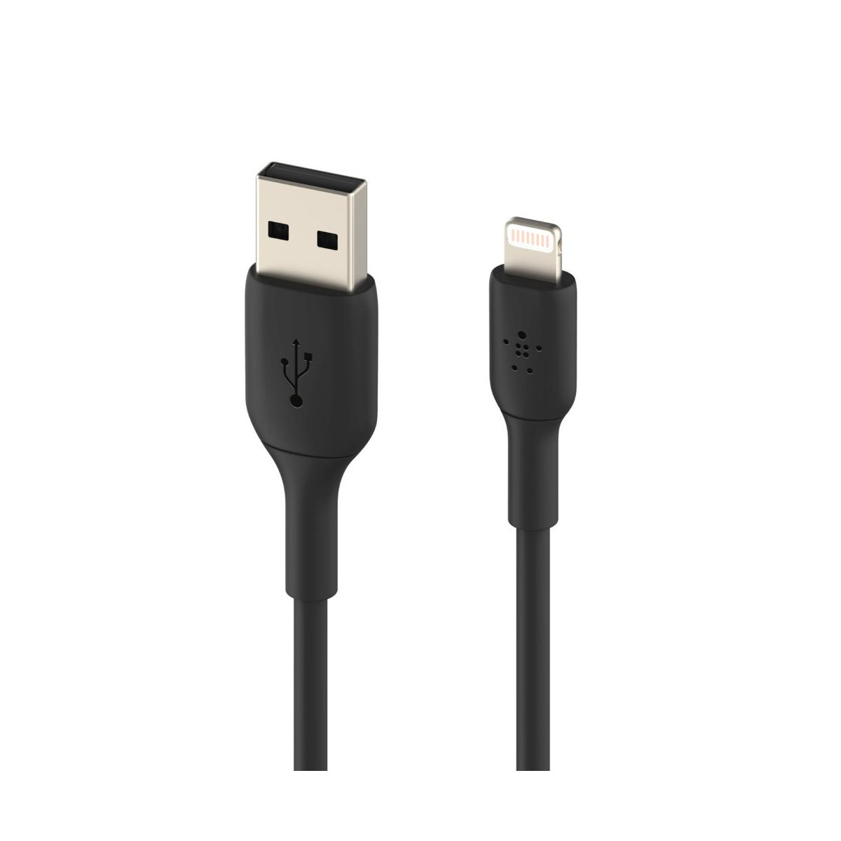 Câble noir USB vers Lightning avec connecteurs.