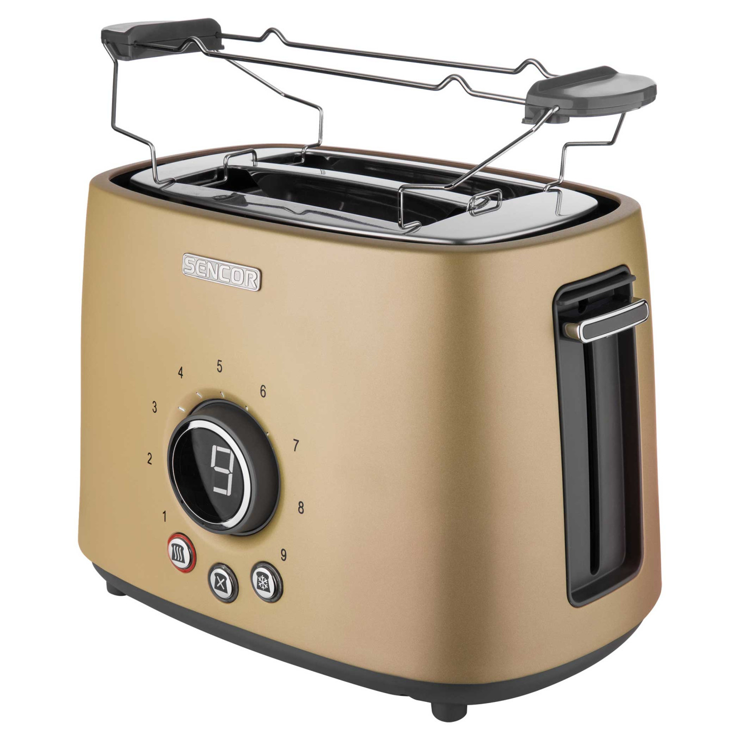 Ein goldbrauner Toaster mit silbernen Bedienelementen und einer Warmhaltefunktion.