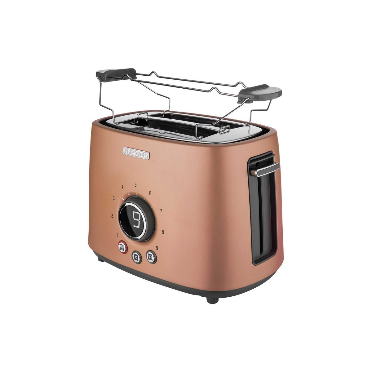 Tostapane color bronzo con scalda pane e quadrante con display digitale.