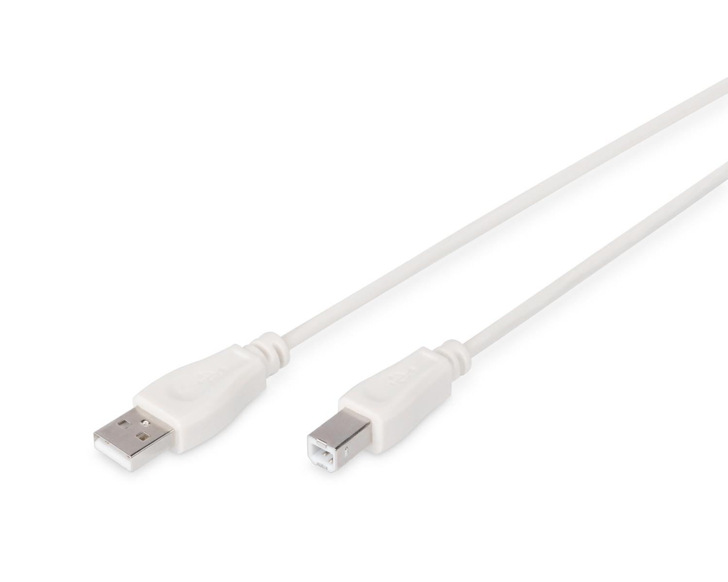 Un câble USB blanc avec un connecteur USB-A standard et un connecteur USB-B.