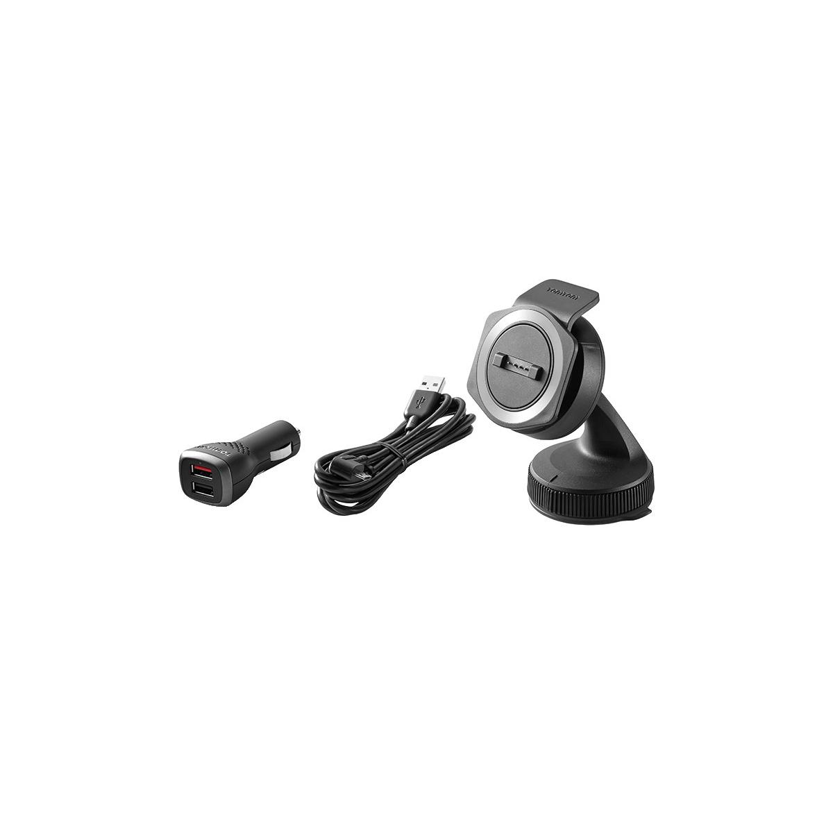Ein schwarzer USB-Autoadapter, ein USB-Kabel und eine Navigationshalterung.