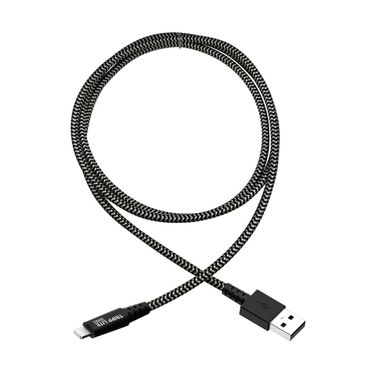 Un cavo intrecciato bianco e nero con connettori USB-A e Lightning.