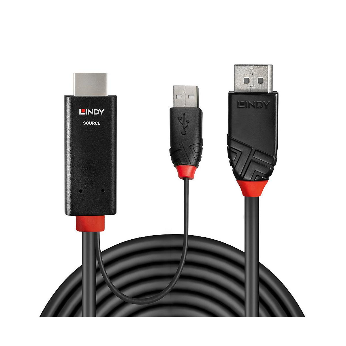 Lindy Kabel mit HDMI- und USB-Steckern, schwarzes Kabel mit roten Akzenten.