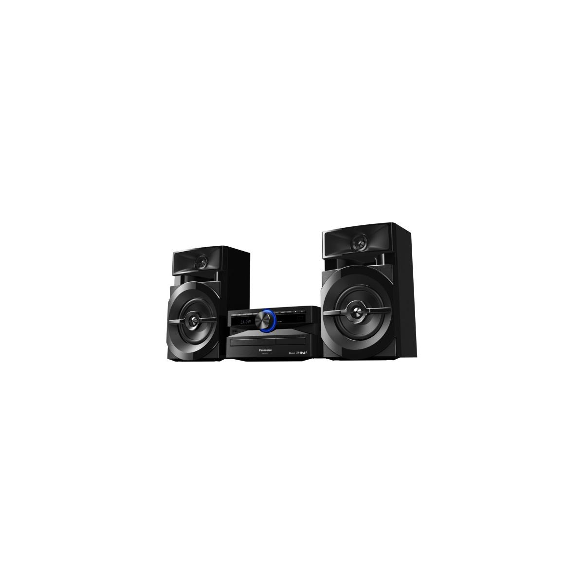 Sistema estéreo Panasonic negro con dos altavoces y unidad central.