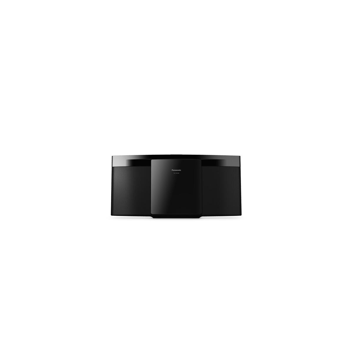 Un altoparlante Panasonic nero con bordi curvi e pannello di controllo centrale.