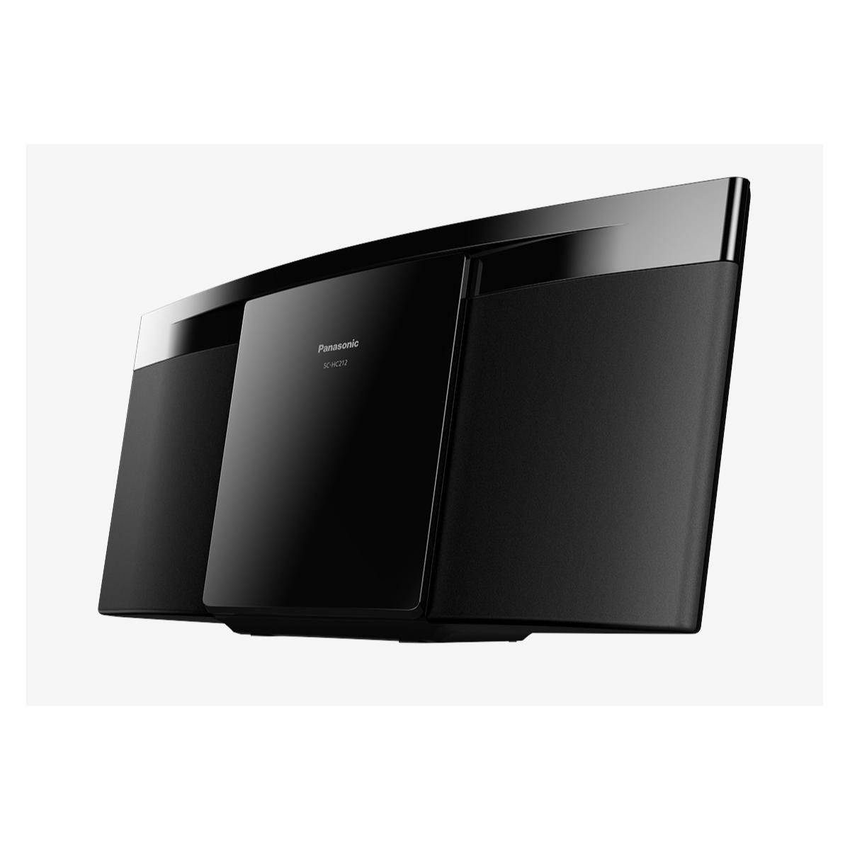 Impianto stereo Panasonic SC-HC212 nero con frontale lucido e altoparlanti.