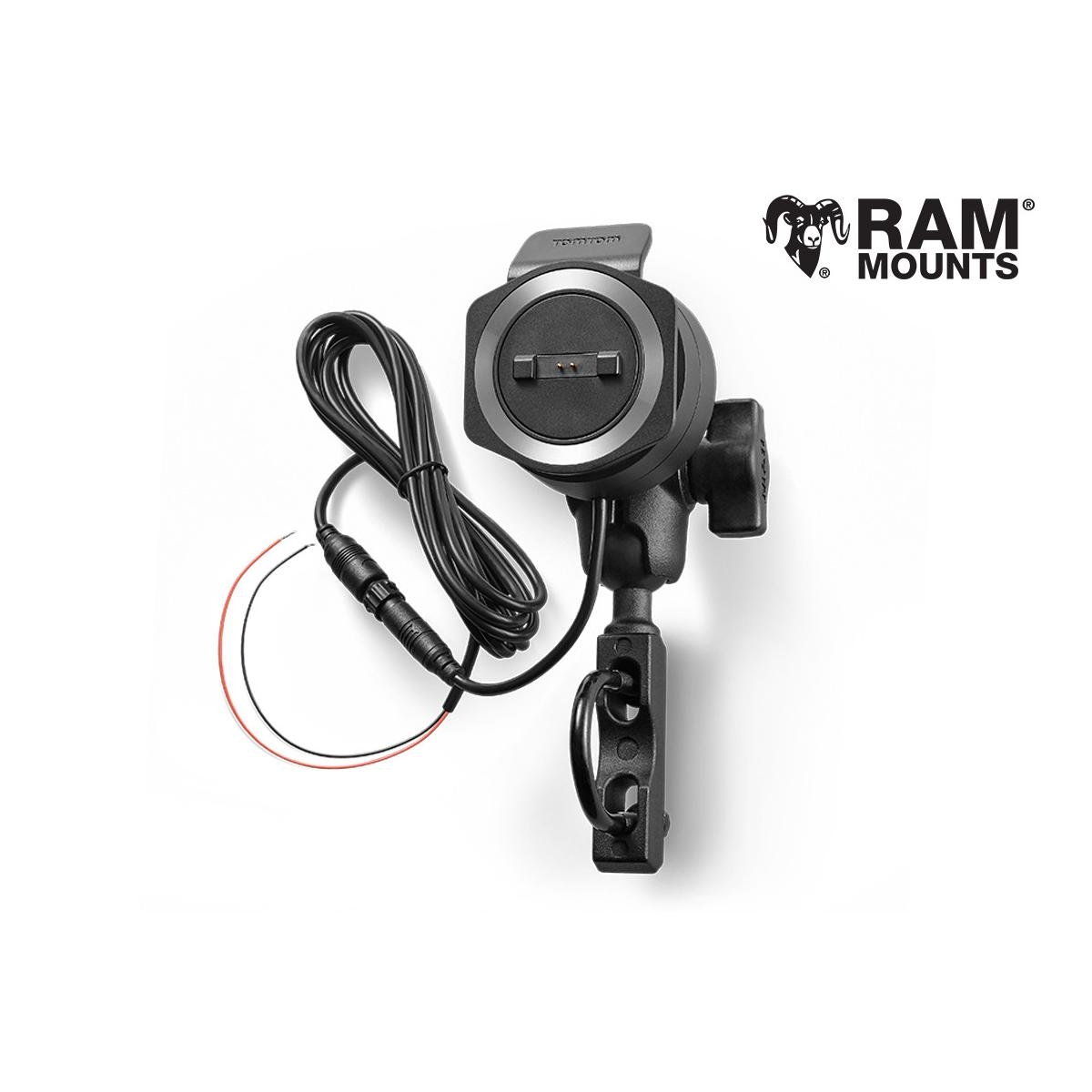 Un supporto TomTom nero con cavo di alimentazione e logo RAM Mounts.