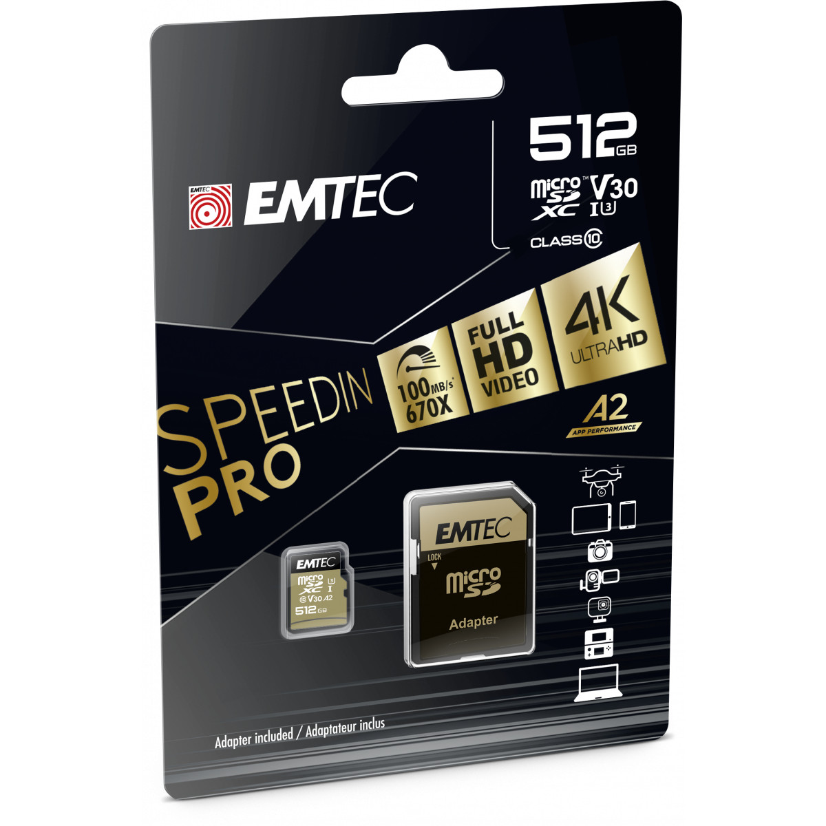 EMTEC 512GB MicroSDXC V30 geheugenkaart met adapter, 4K, Full HD