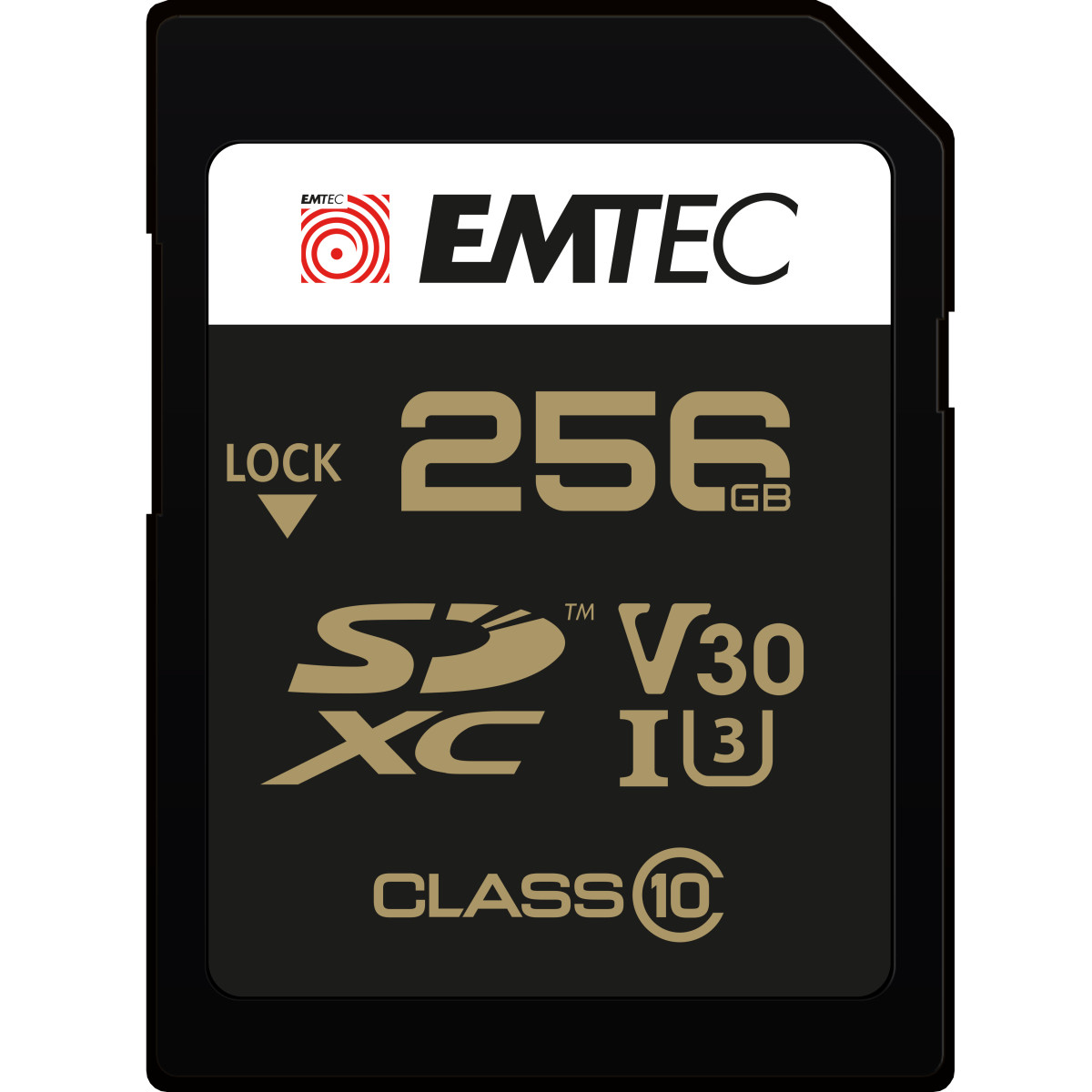 Zwarte 256GB SD-kaart met V30, U3, Class 10-classificatie en EMTEC-logo.