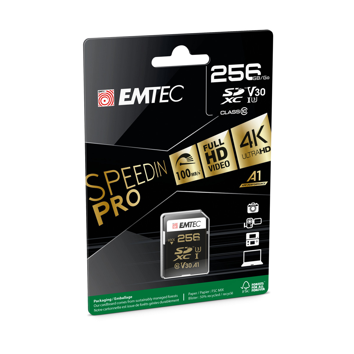 Emtec 256GB SDXC kaart verpakking. Biedt 4K, Full HD, 100MB/s, A1 app prestaties.