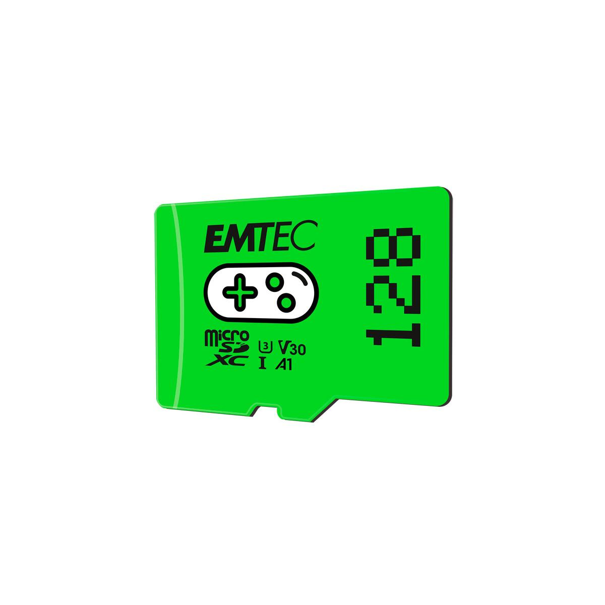 Tarjeta verde EMTEC Micro SDXC, 128 GB de capacidad con icono de juego.