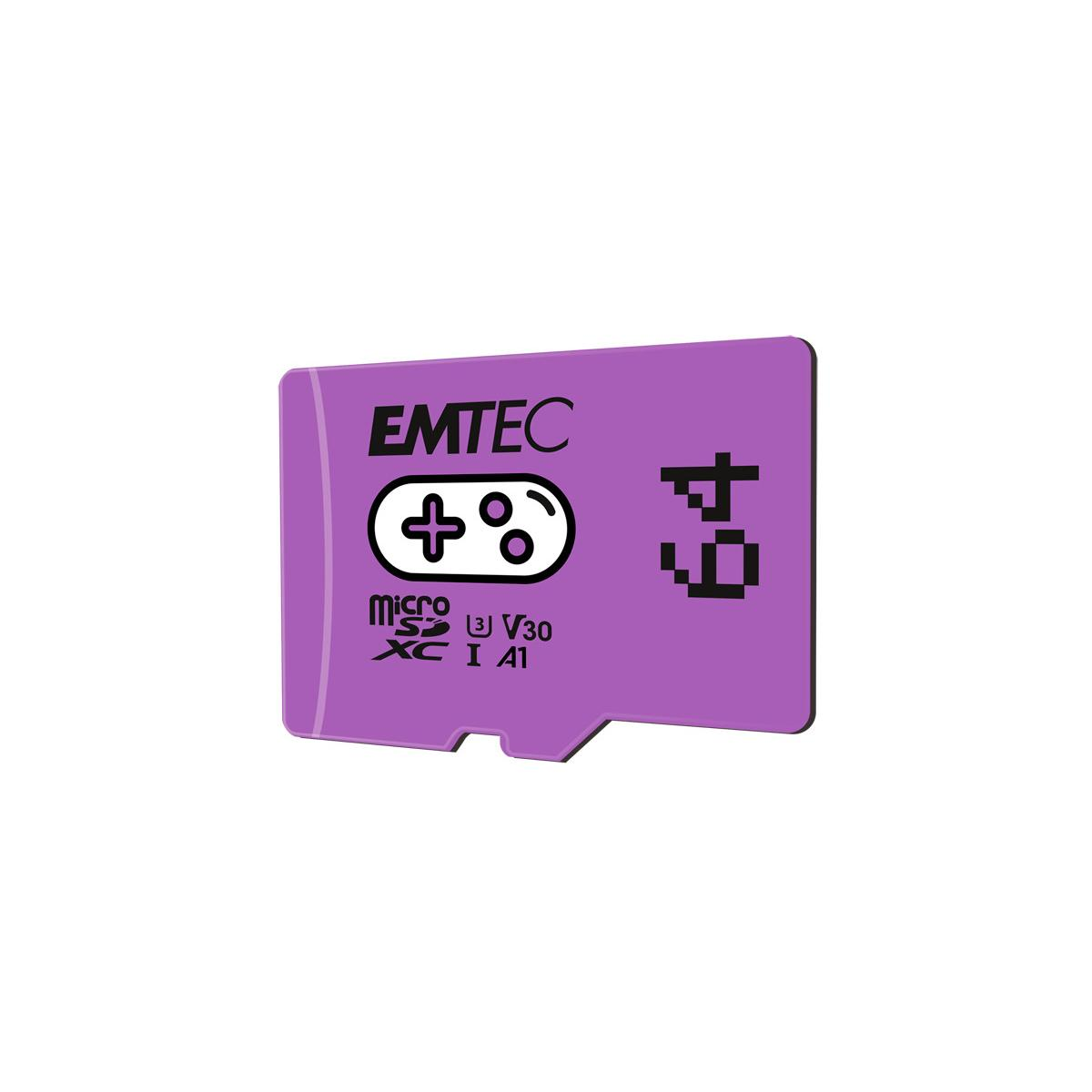 Una tarjeta MicroSD morada con logo EMTEC, icono de mando y el número 64.