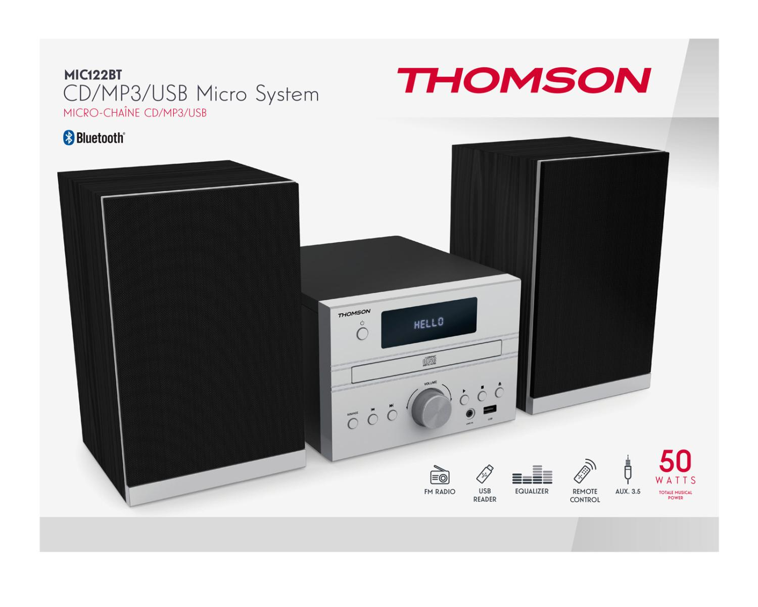 Mikrosystem Thomson CD/MP3/USB z dwoma głośnikami i jednostką centralną.