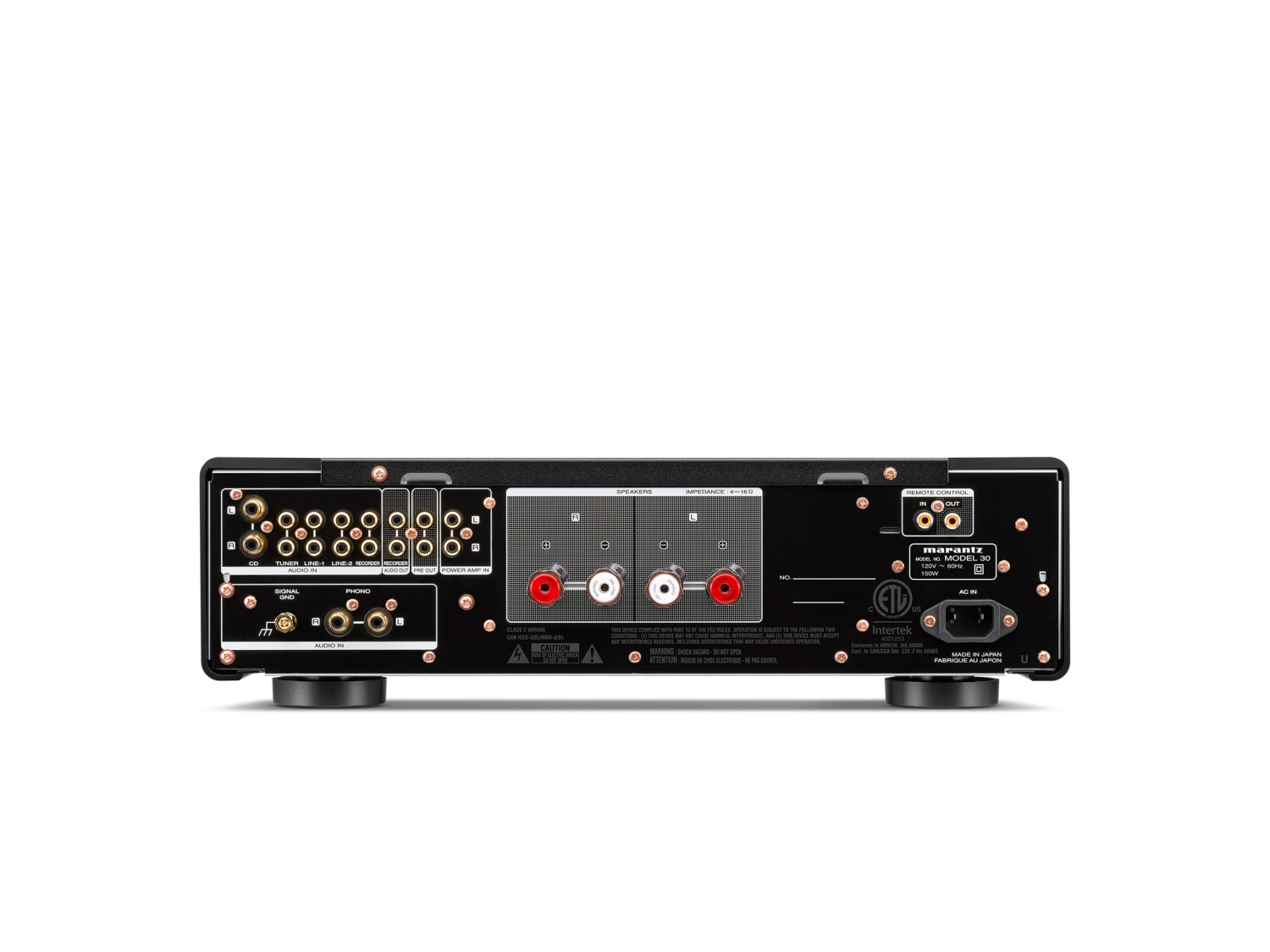 Marantz Model 30 amfifikatörünün arka görünümü; ses, phono, hoparlör ve uzaktan kumanda bağlantıları.