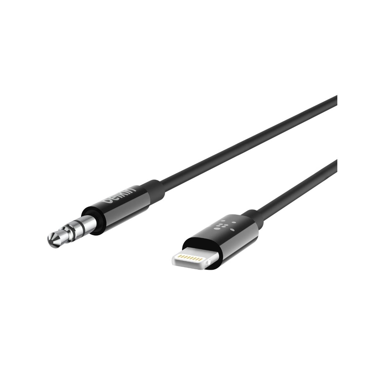Ein schwarzes Kabel mit 3,5-mm-Klinken- und Lightning-Anschlüssen.