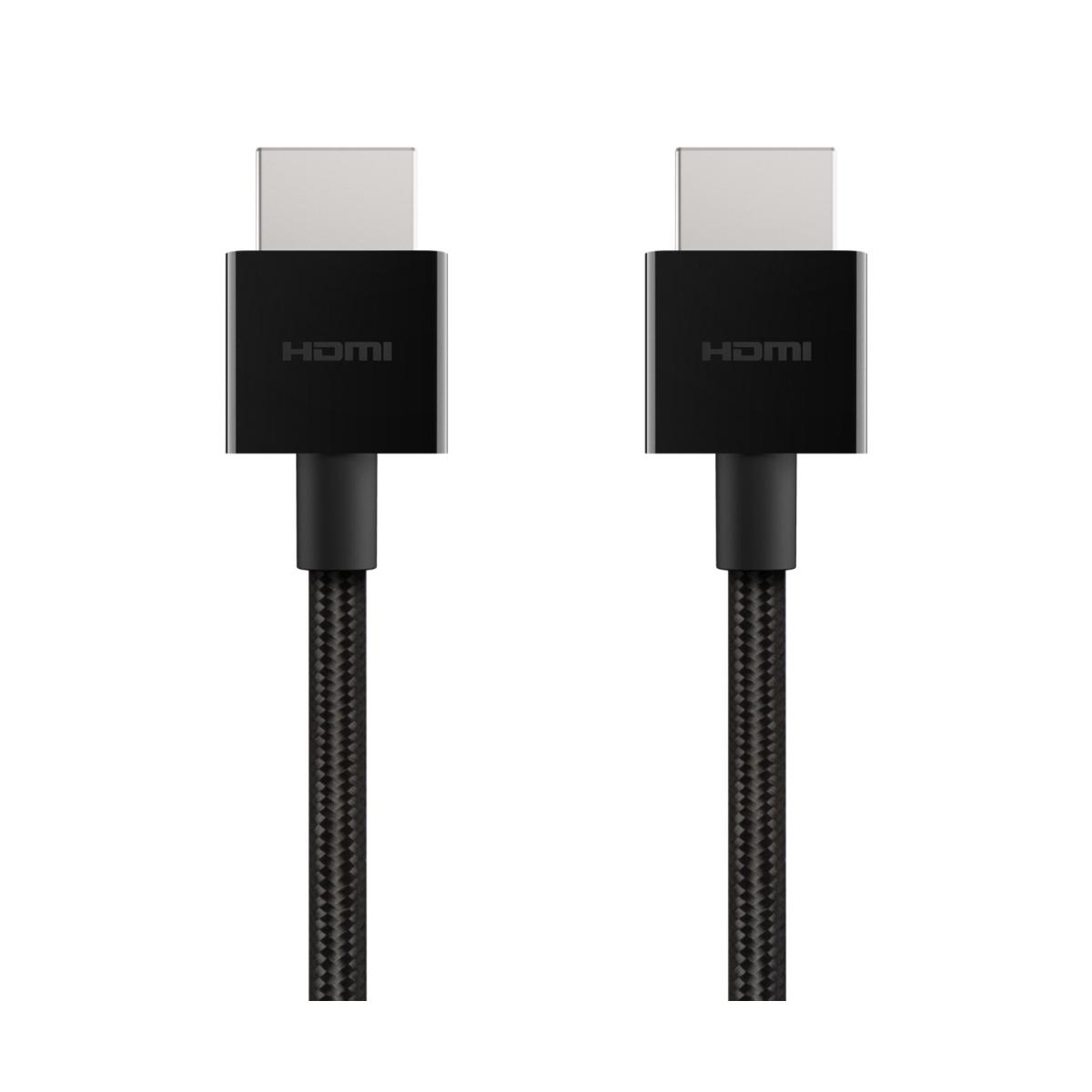 Dos cables HDMI negros con trenzado de tela sobre fondo blanco.