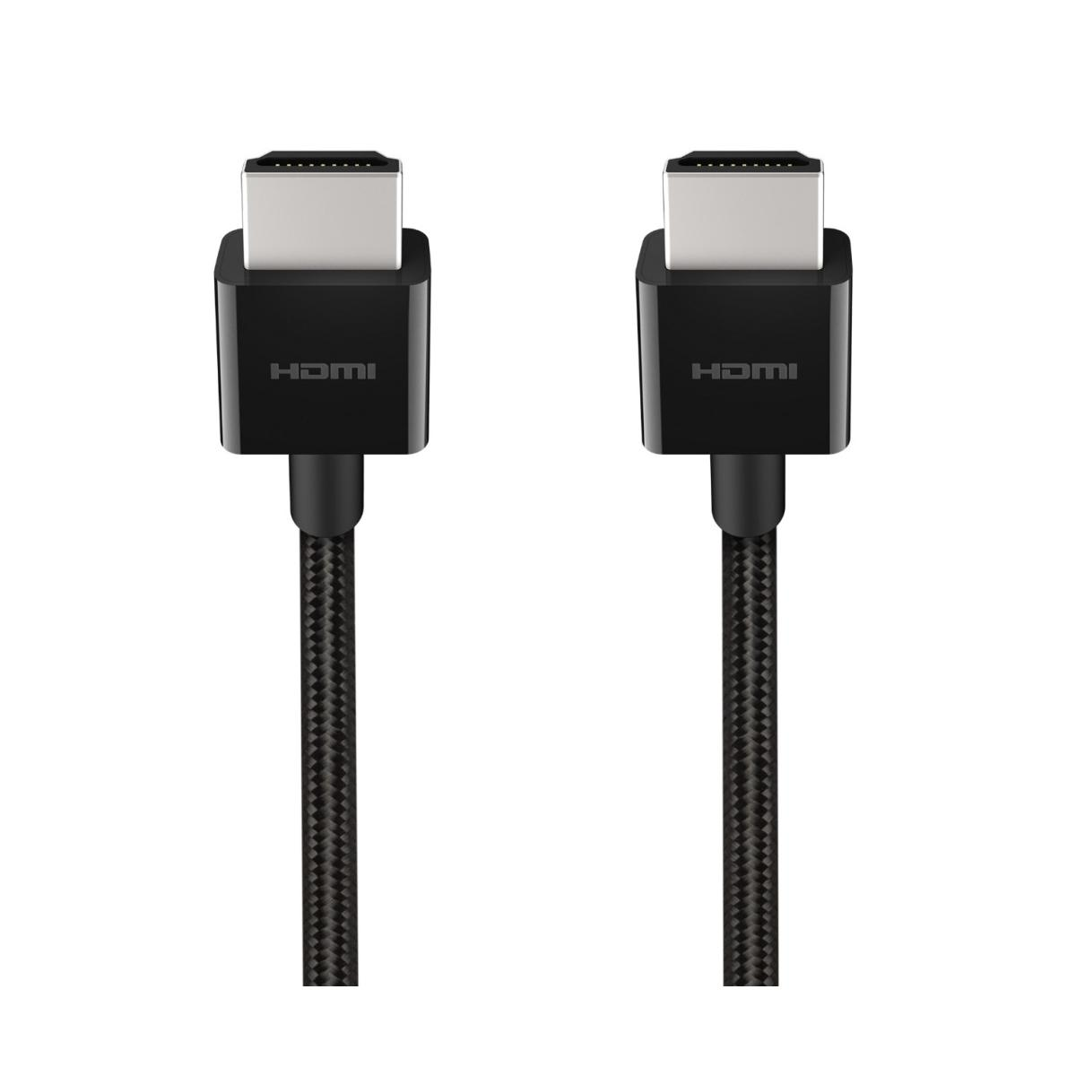Dos cables HDMI negros con conectores plateados sobre fondo blanco.