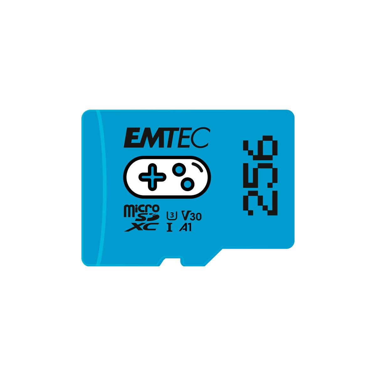 Scheda microSDXC EMTEC blu da 256 GB con icona gaming e V30 A1.