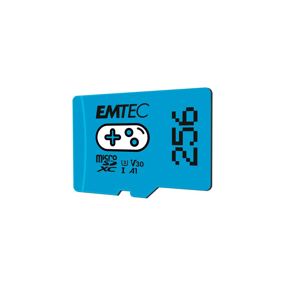 Scheda MicroSD Emtec blu da 256 GB con icone di gioco.