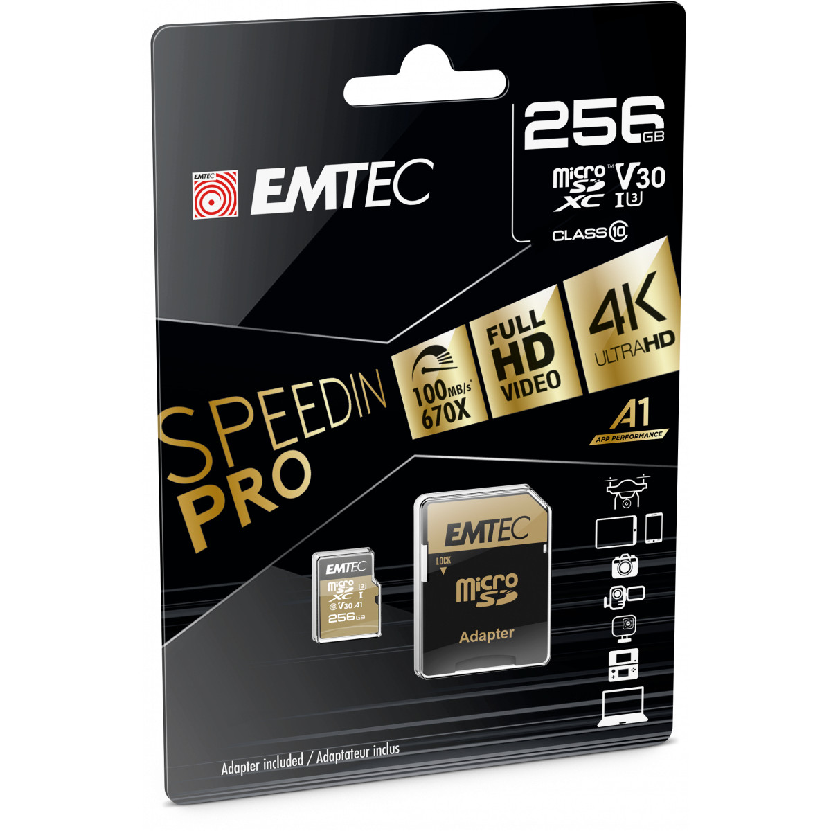 Confezione scheda EMTEC 256GB microSDXC, mostra scheda e adattatore. Specifiche: V30, Classe 10, A1.