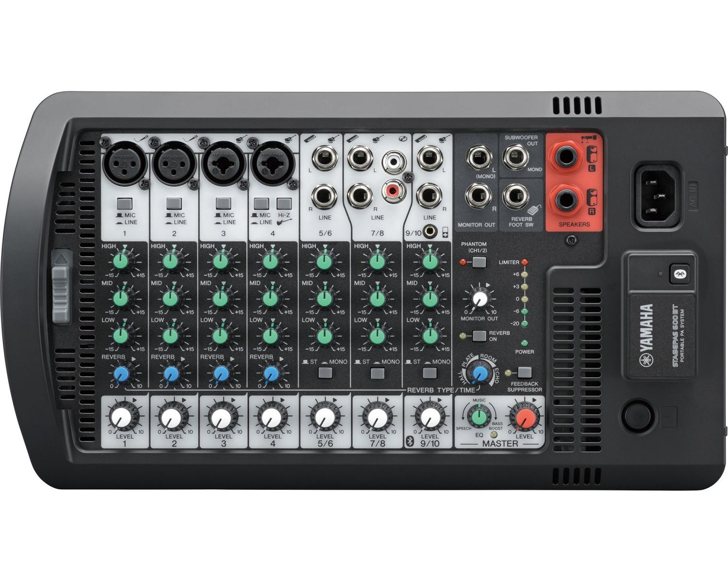 Una console di missaggio Yamaha con ingressi, manopole ed etichette per canali ed effetti.