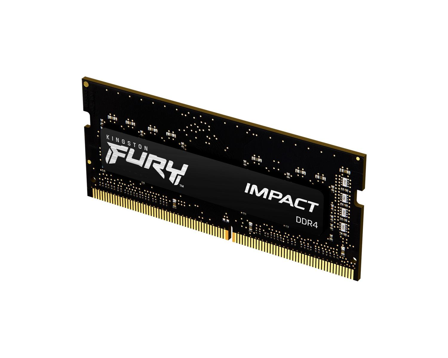 A black Kingston FURY Impact DDR4 RAM module with gold contacts.