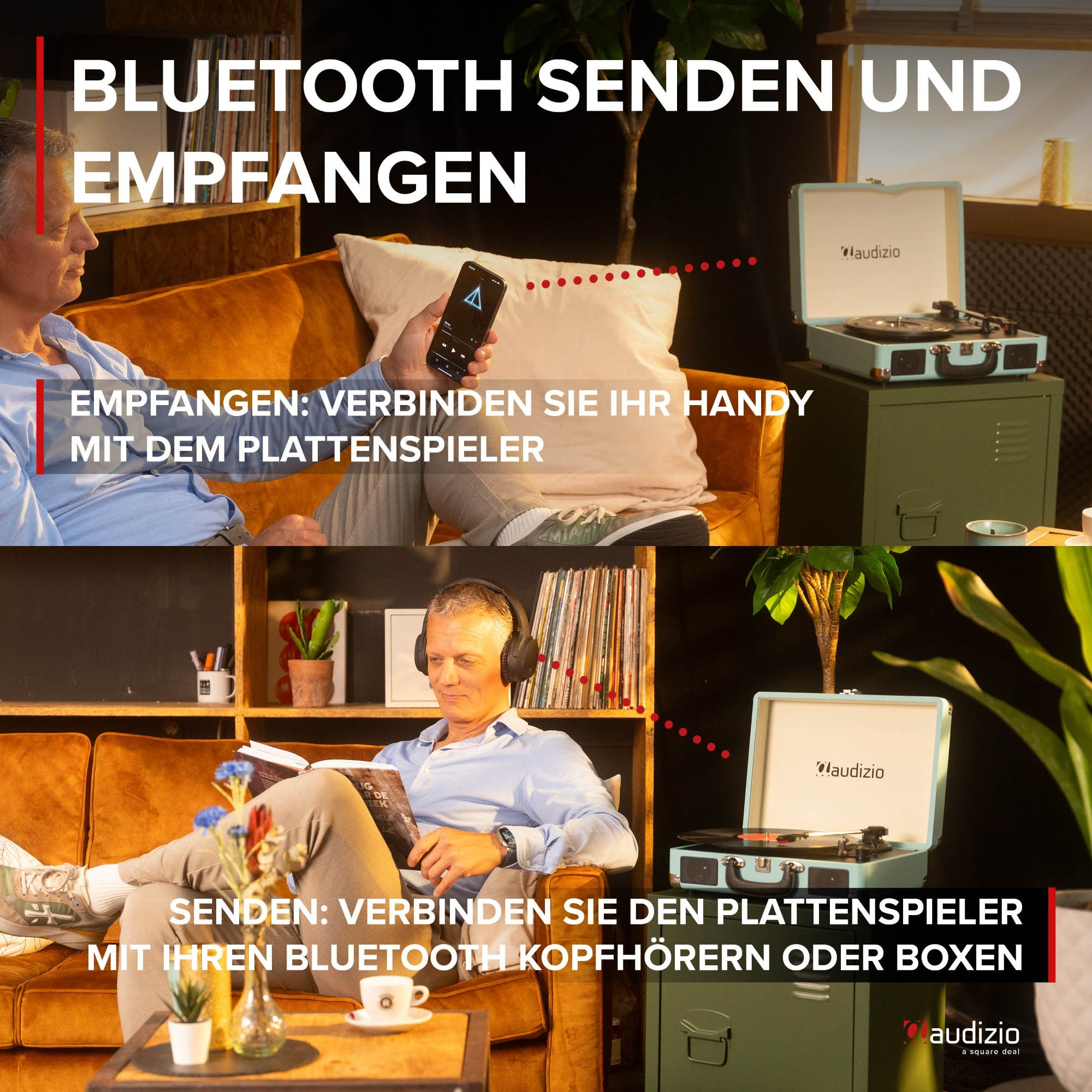 Mann verbindet Handy mit Plattenspieler und hört Musik mit Kopfhörern.