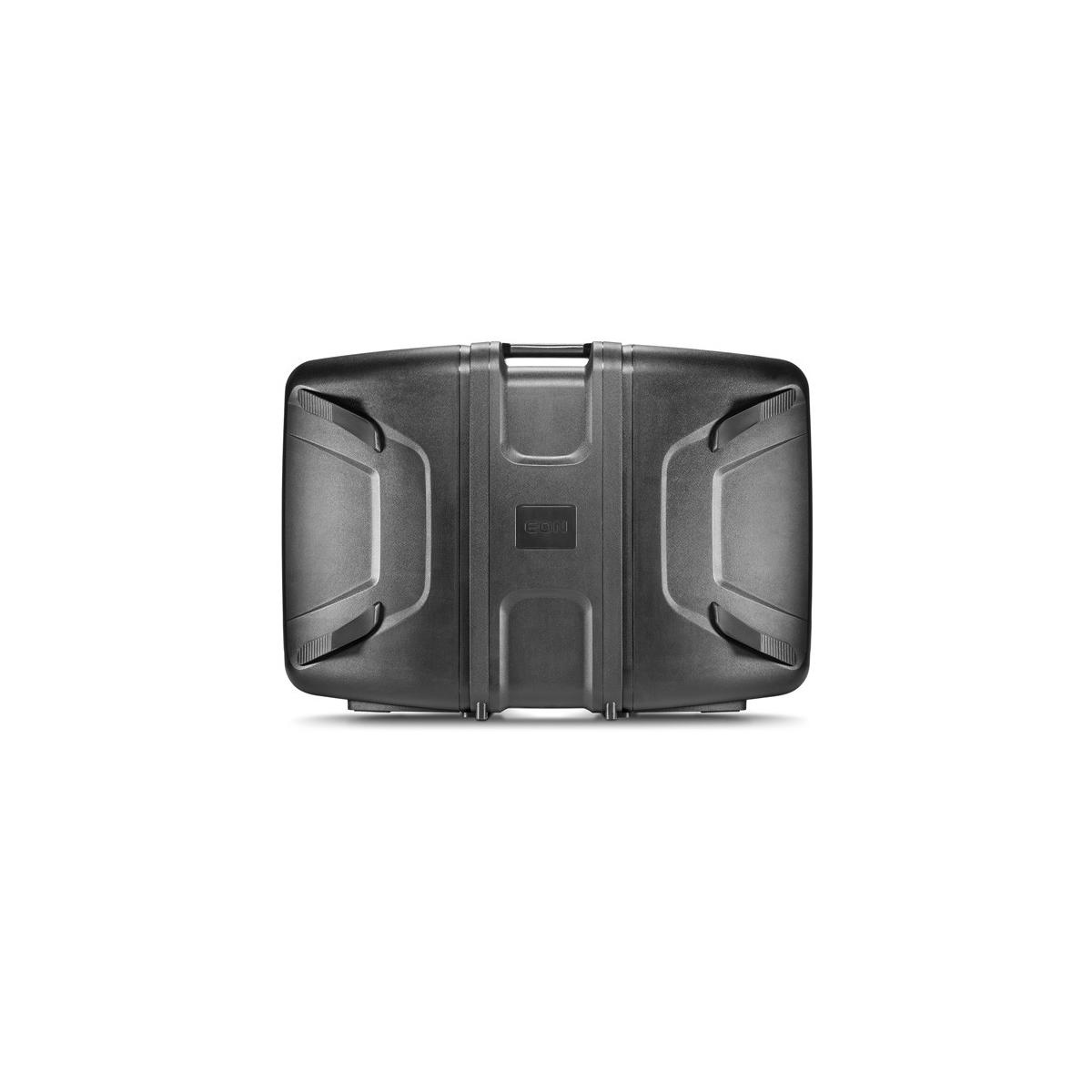 A black speaker with handles on the top and sides and a logo in the center.