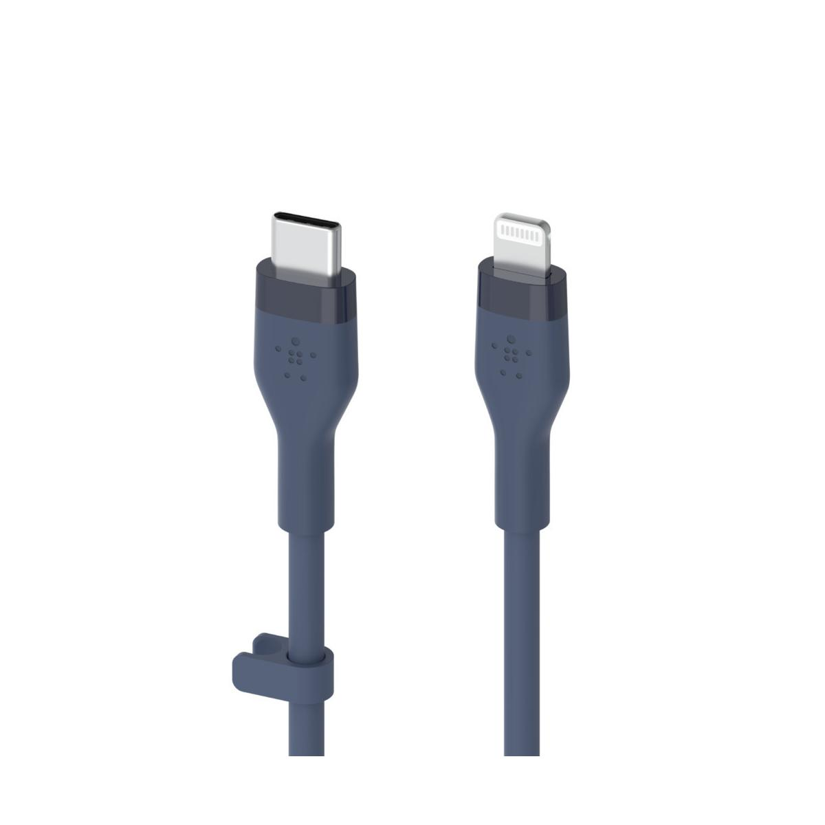Un cavo USB-C e Lightning blu con connettori argentati.