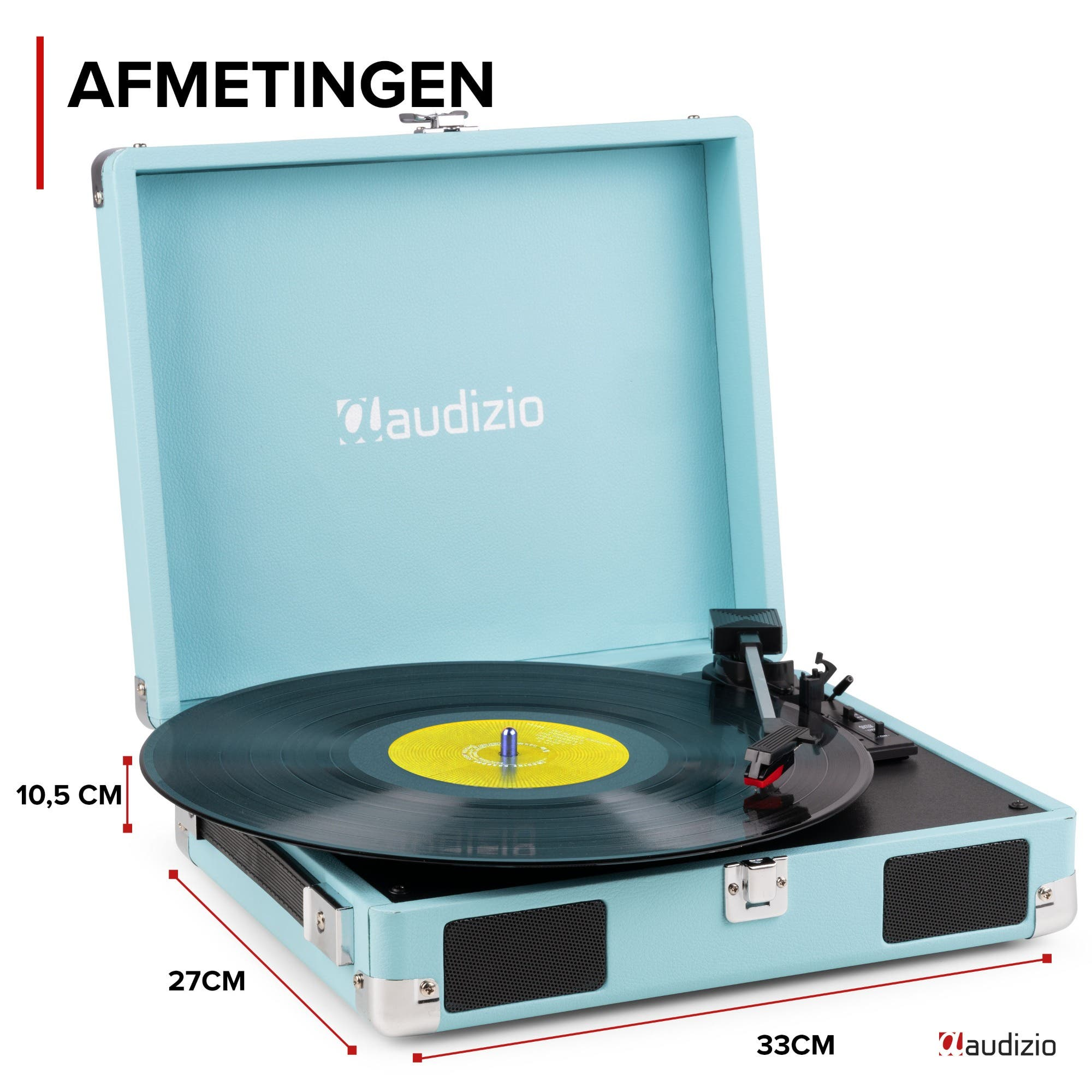 Tocadiscos azul claro con disco de vinilo y aguja. Se muestran las dimensiones.
