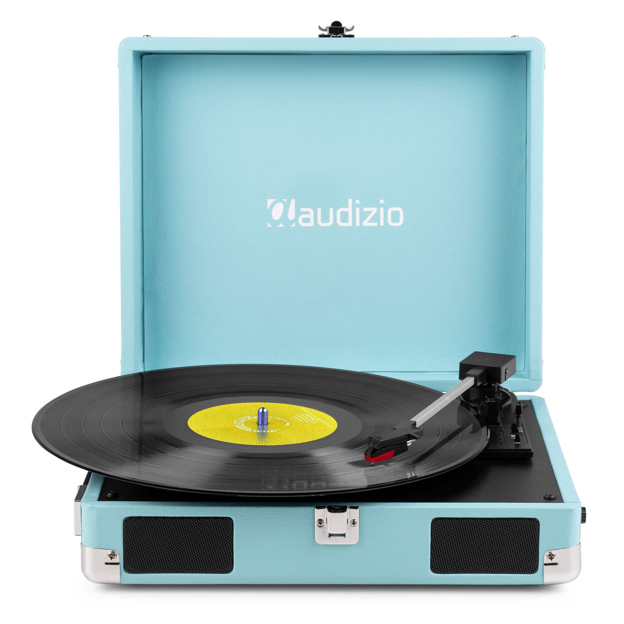 Tocadiscos azul claro con disco de vinilo y brazo de lectura expuestos.