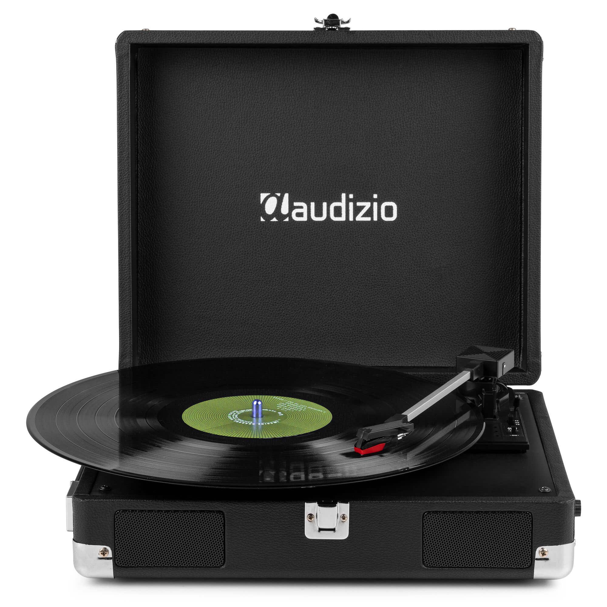 Black record player with lid open, playing a vinyl record.