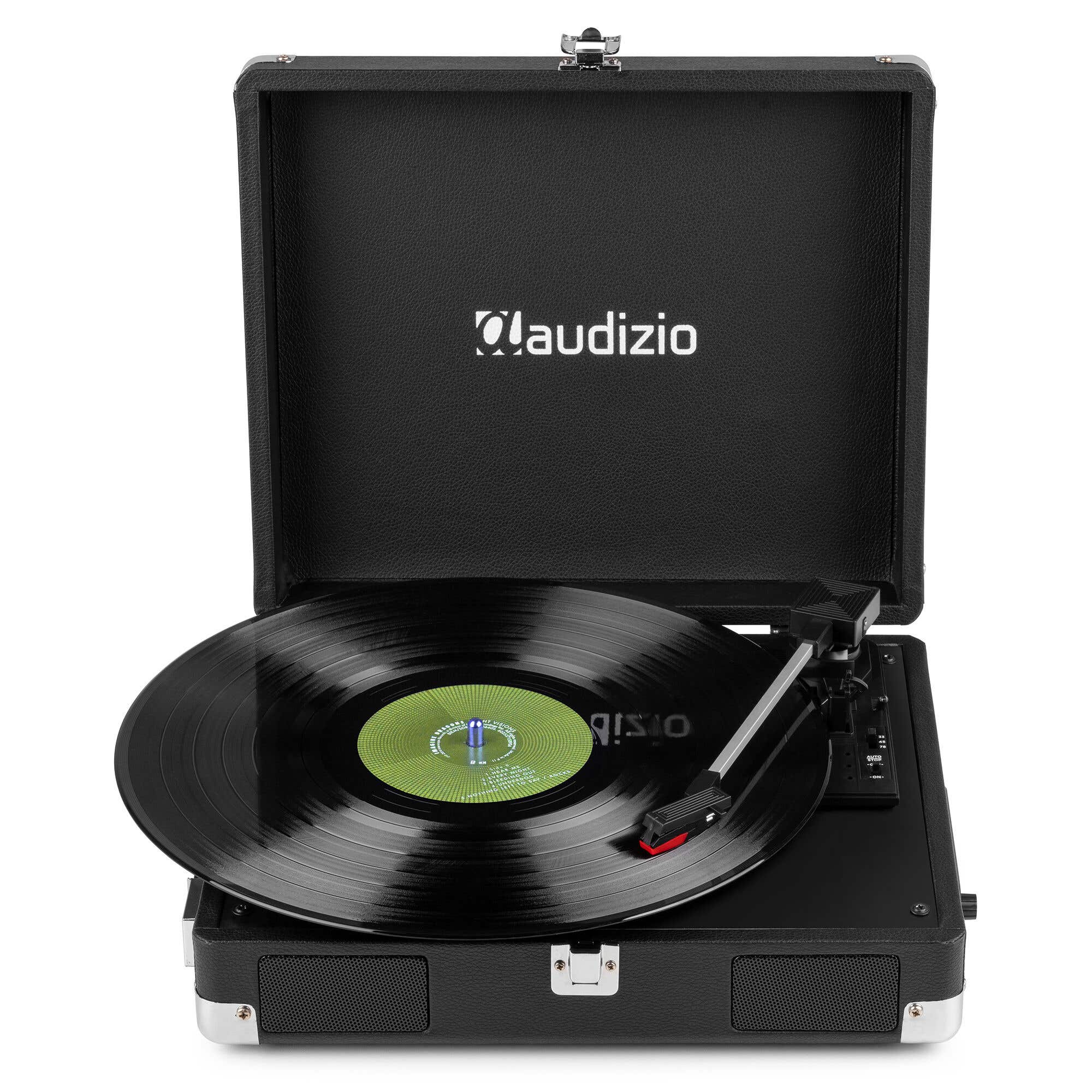 Black record player with a vinyl record and tonearm.