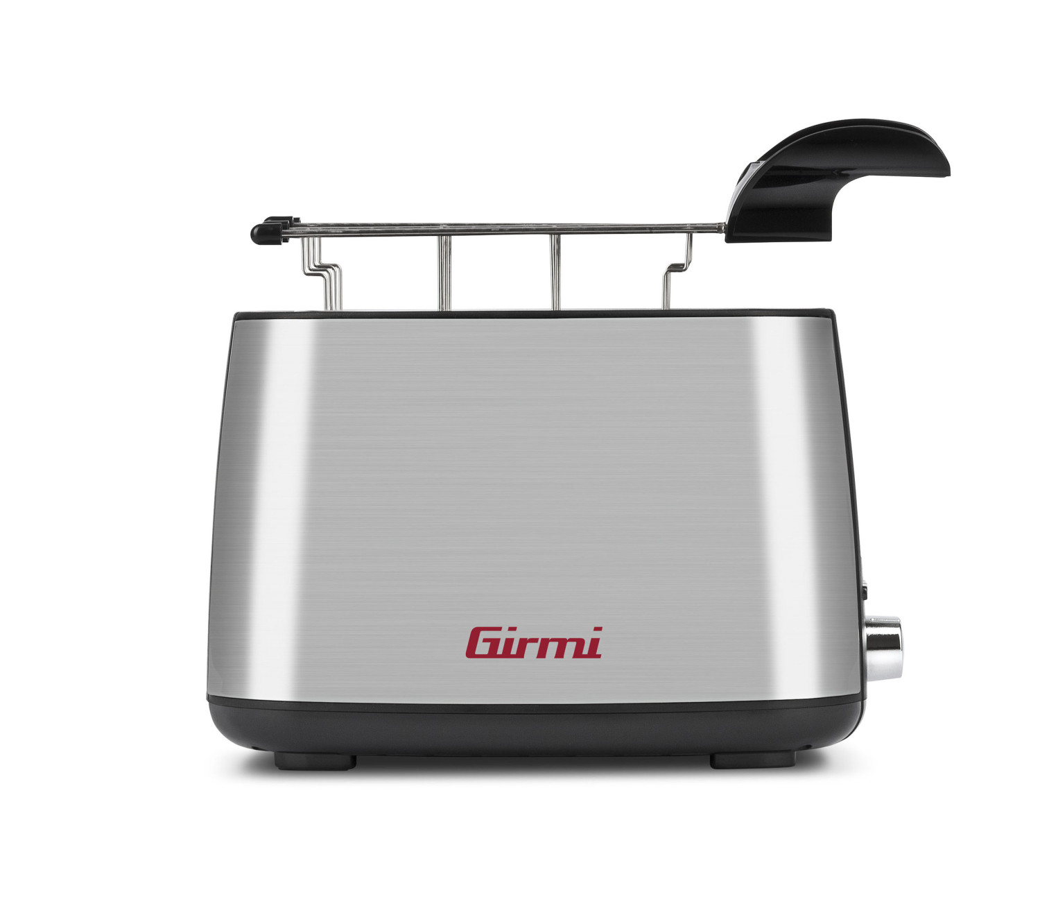 Ein silberner Girmi-Toaster mit schwarzem Sockel und einem schwarzen Aufsatz.