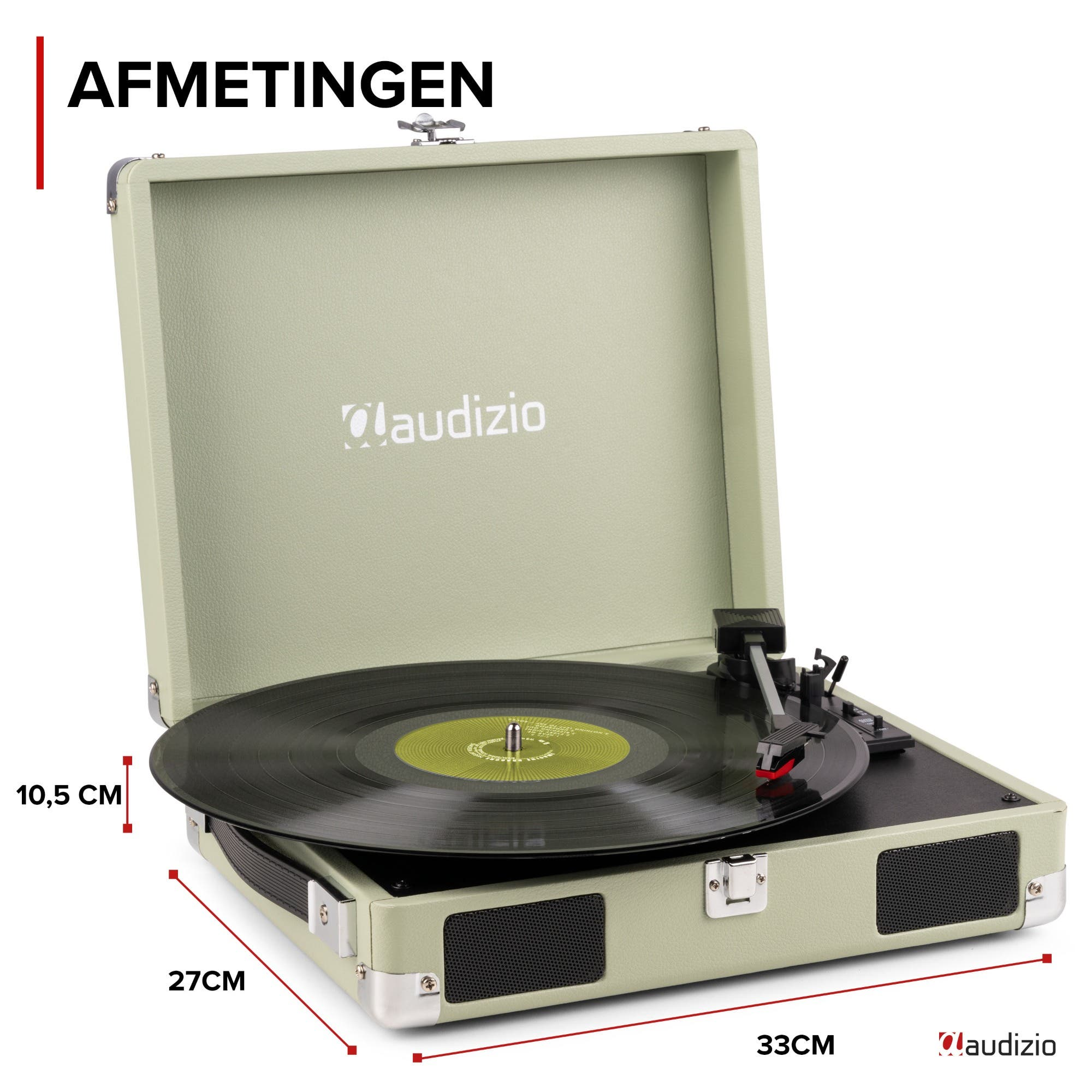 A light green record player with a vinyl record and tonearm.