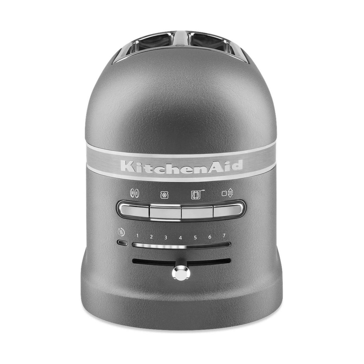Gri KitchenAid tost makinesi, kontrol düğmeleri ve kızartma kadranı.