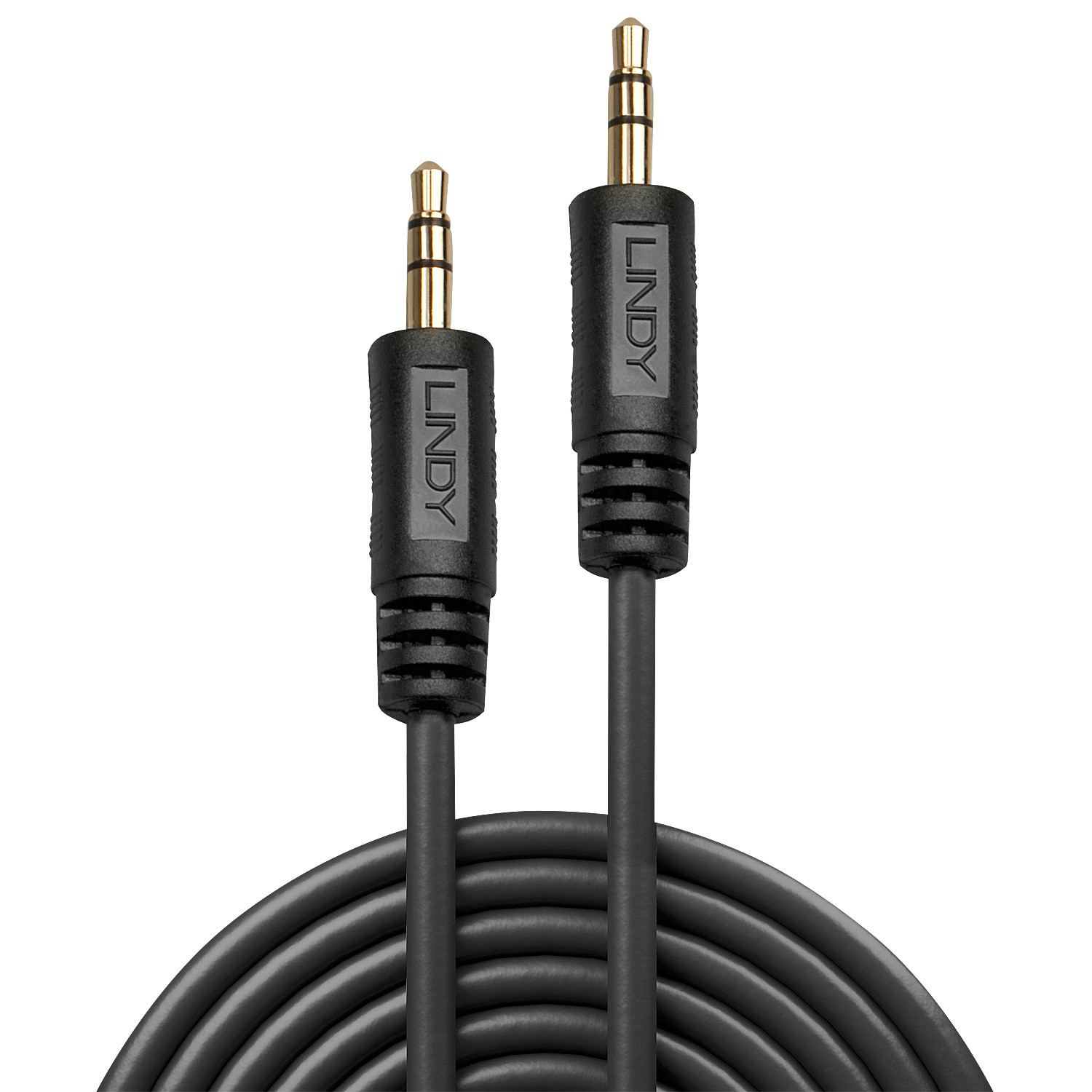 Due cavi audio neri con connettori placcati oro e logo Lindy.