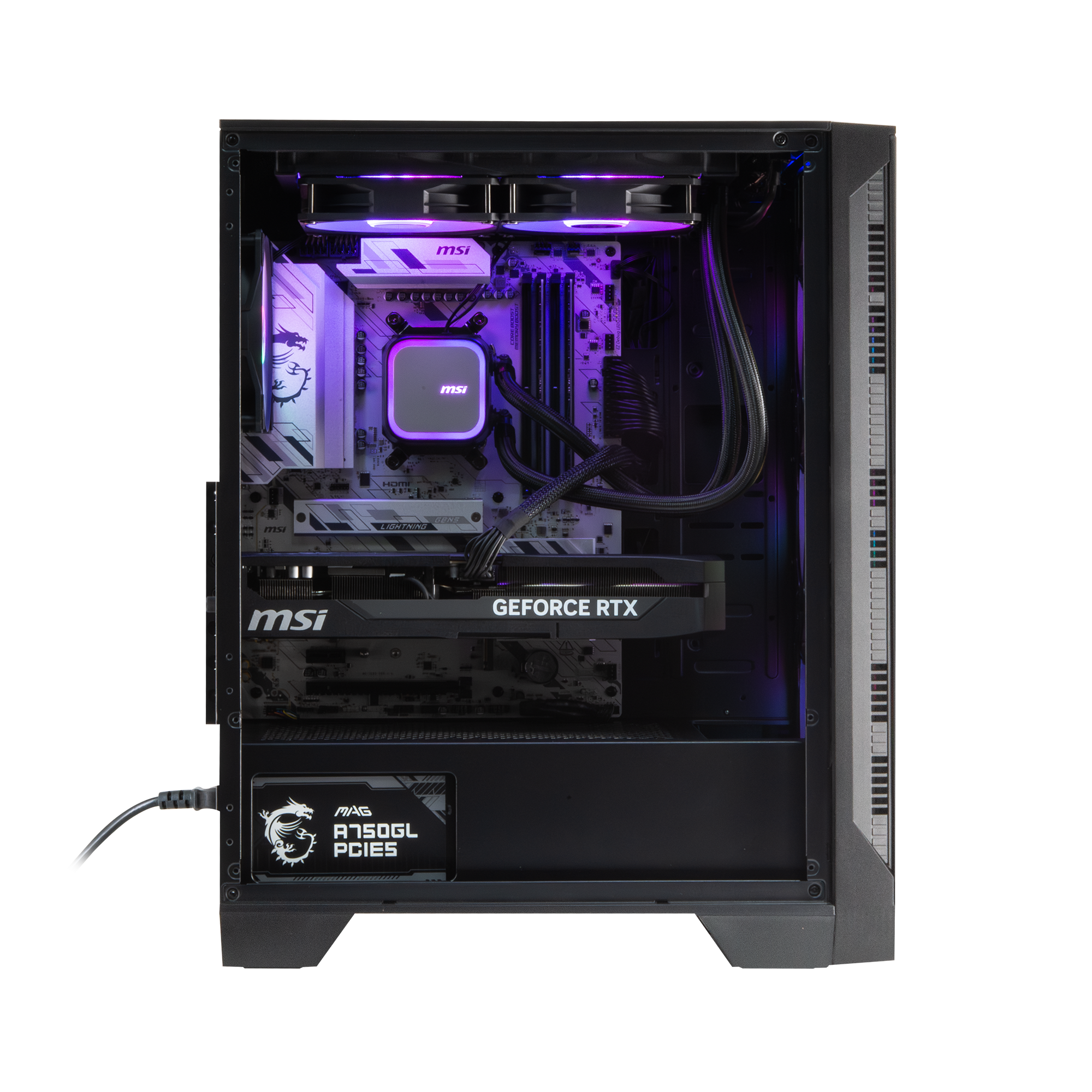 Een open pc met RGB-verlichting, CPU-koeler, grafische kaart en moederbord.