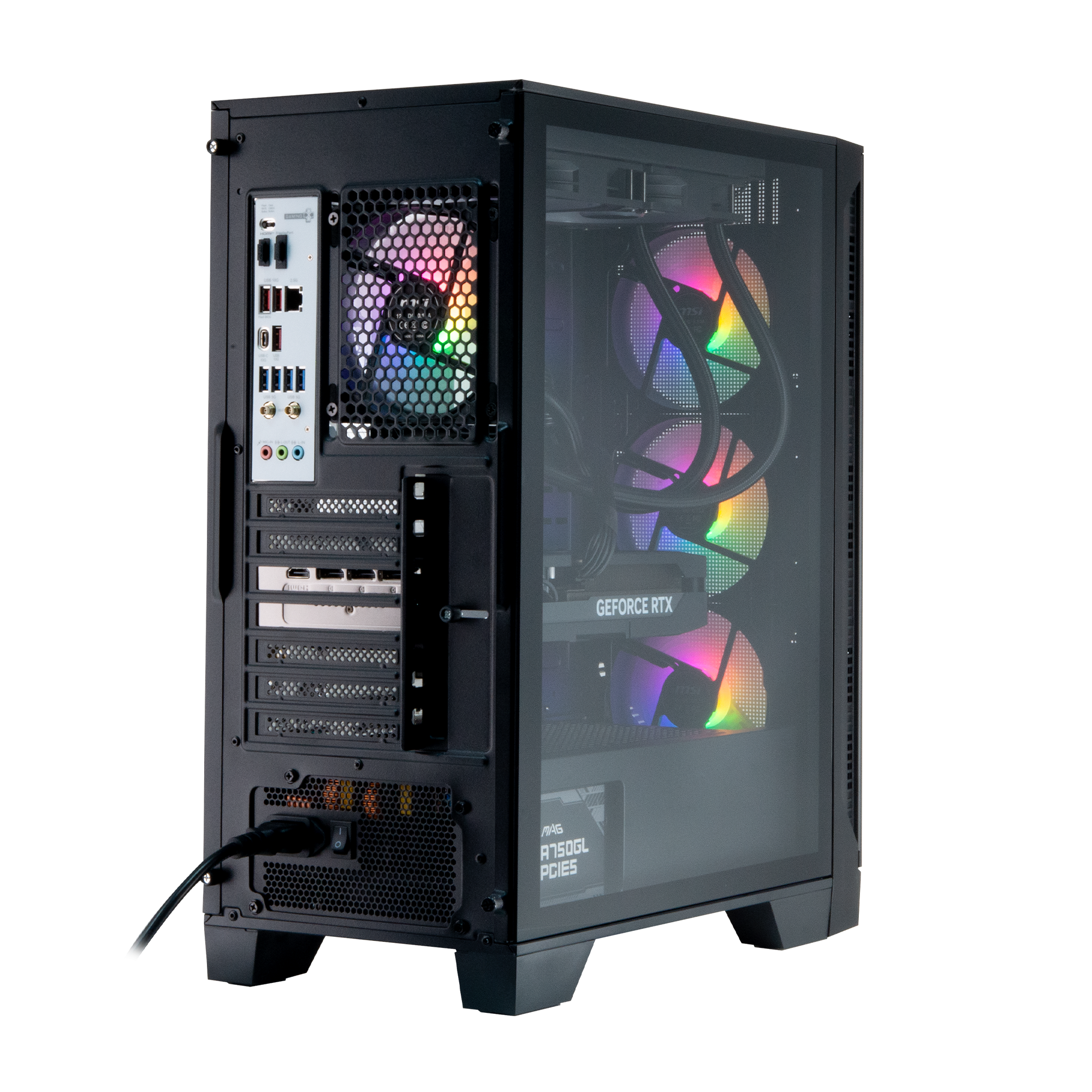 Een zwarte pc-kast met glazen raam, met kleurrijke ventilatoren en een grafische kaart.