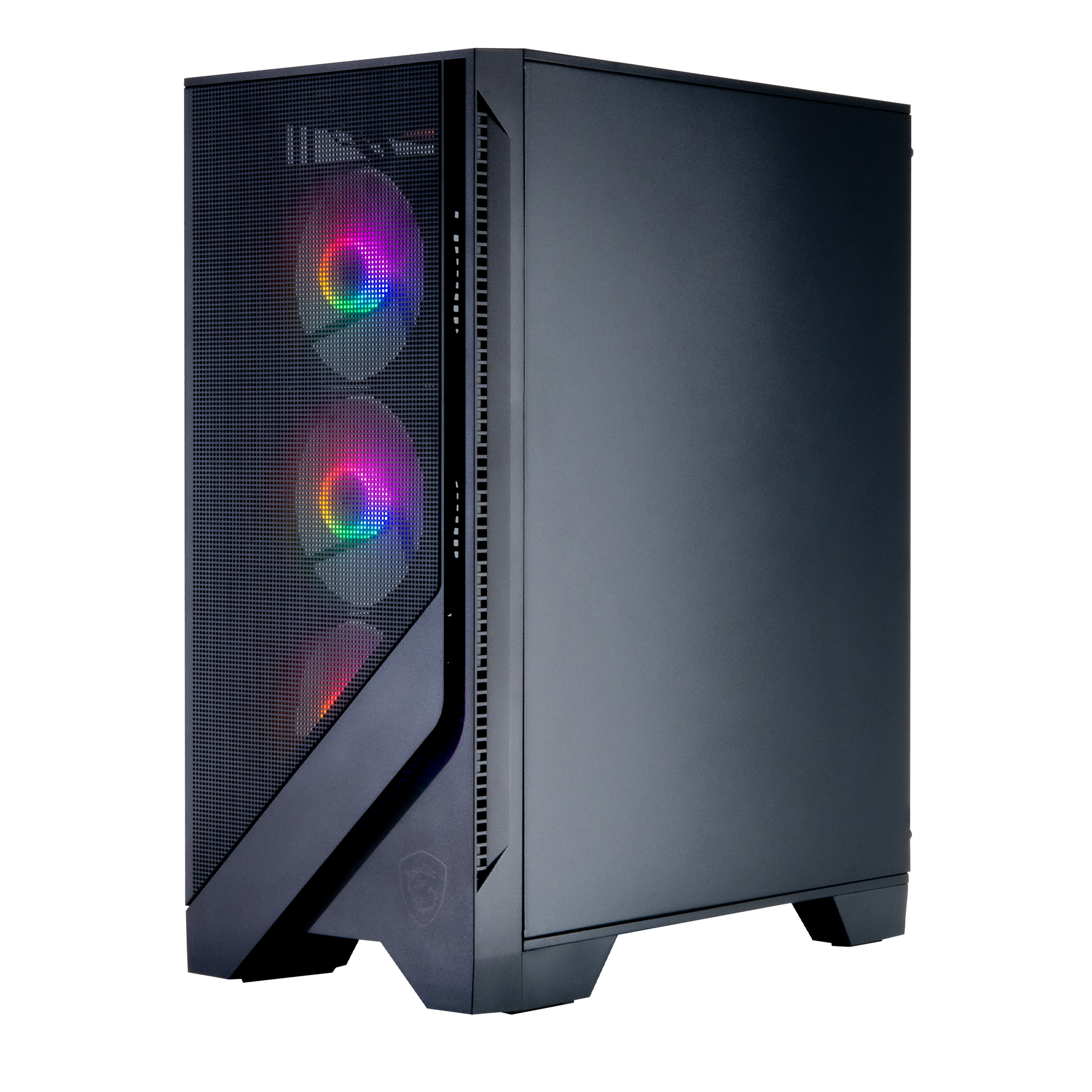 Zwarte computerkast met verlichte ventilatoren en voeding.