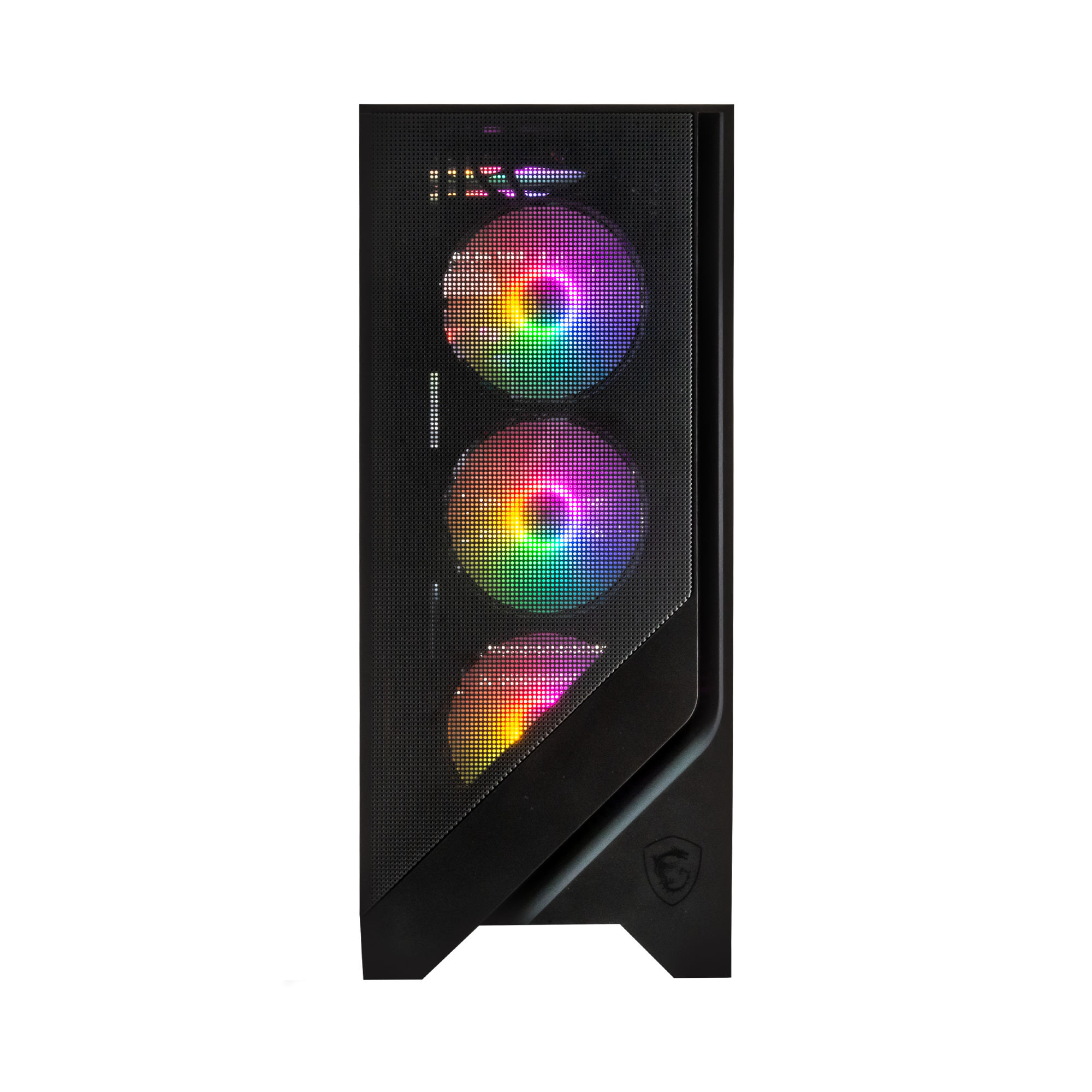 Zwarte computerkast met drie RGB-ventilatoren die in regenboogkleuren gloeien.