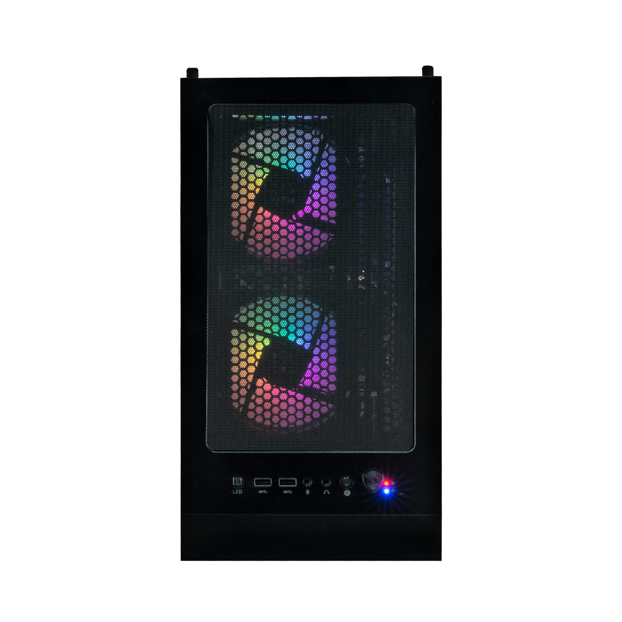 Een zwarte computerkast met twee RGB-ventilatoren en frontpanelpoorten.