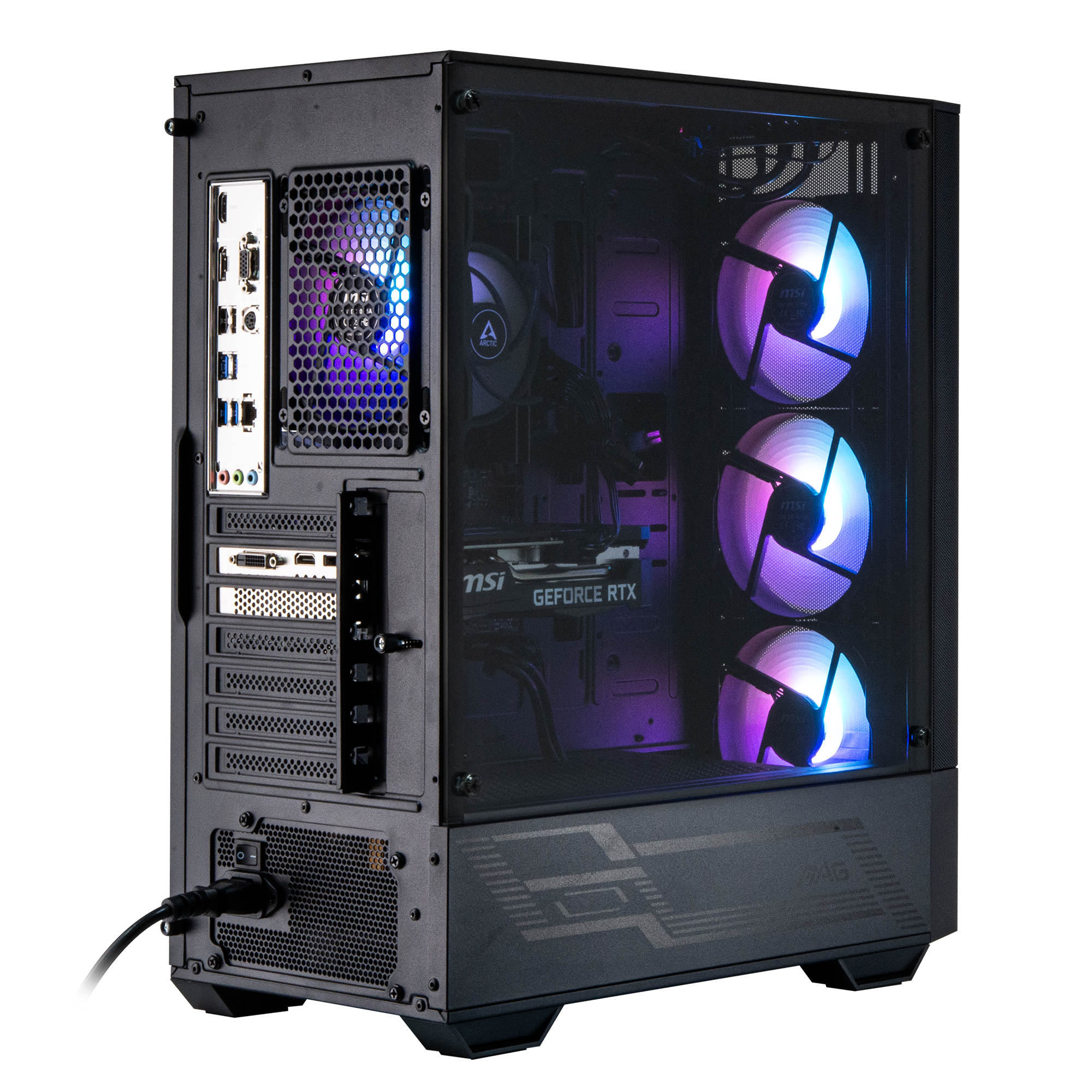 Een zwarte pc-kast met verlichte ventilatoren en grafische kaartpoorten.