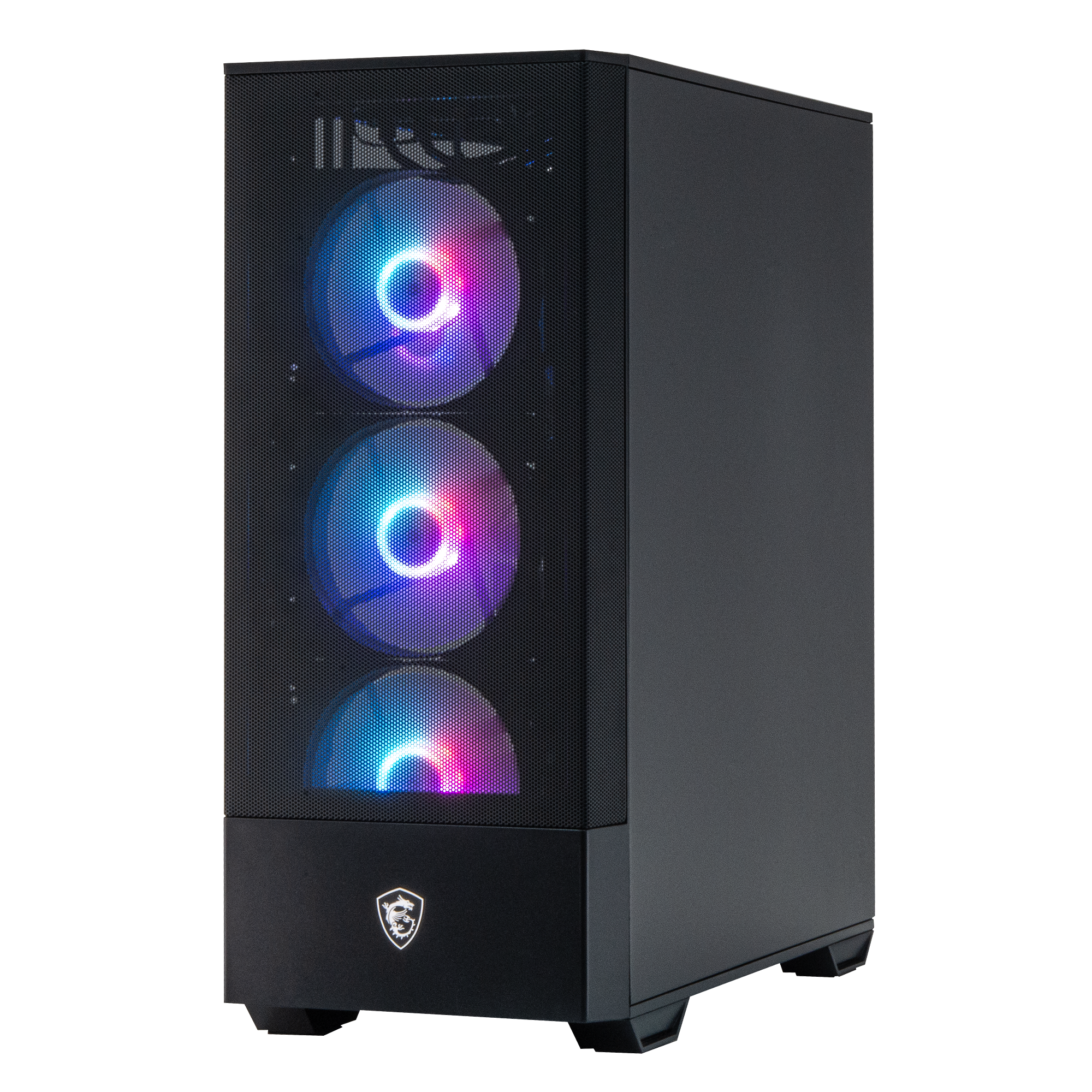 Zwarte pc-behuizing met drie verlichte ventilatoren en MSI-logo.