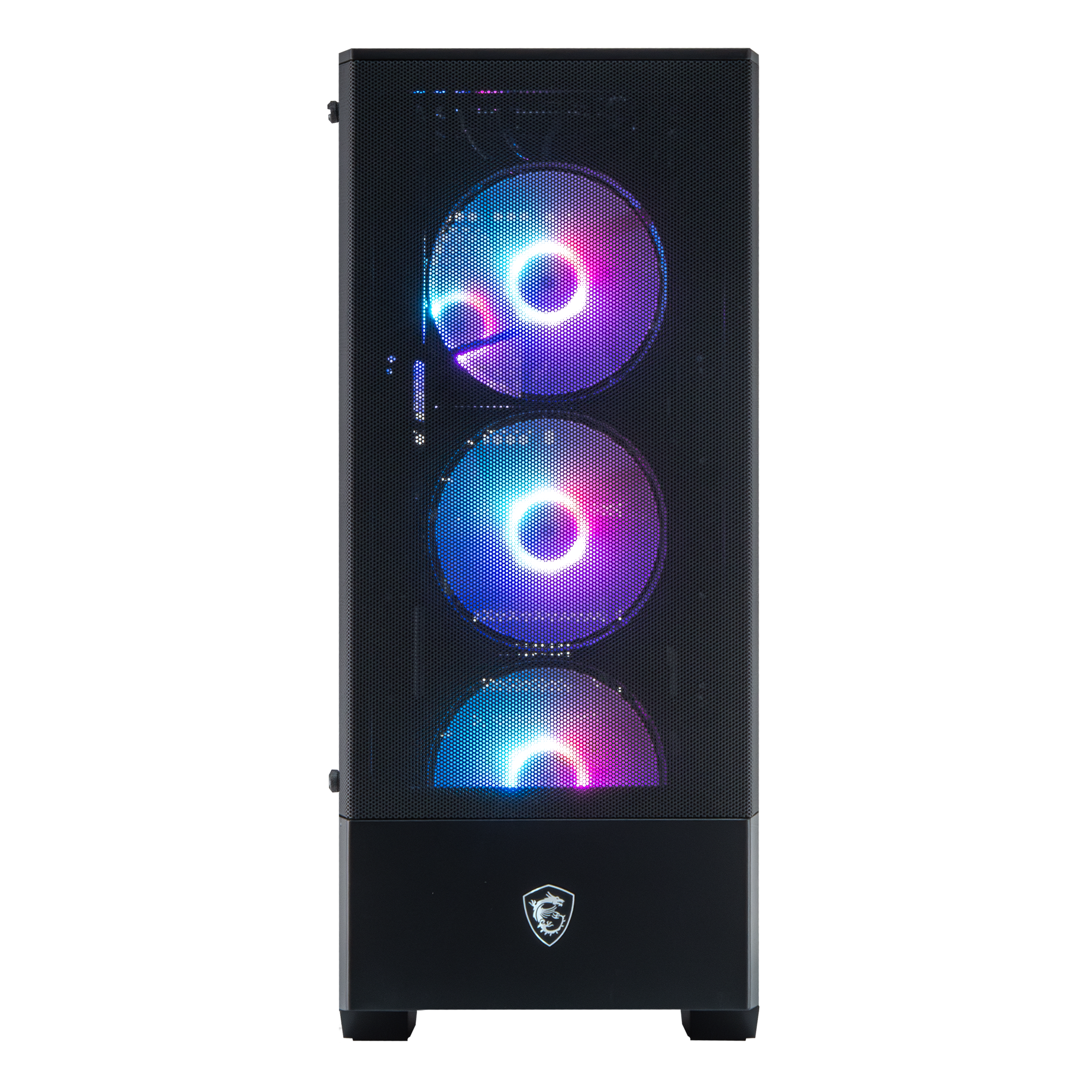 Een zwarte computerkast met drie RGB-ventilatoren die blauw en paars oplichten.