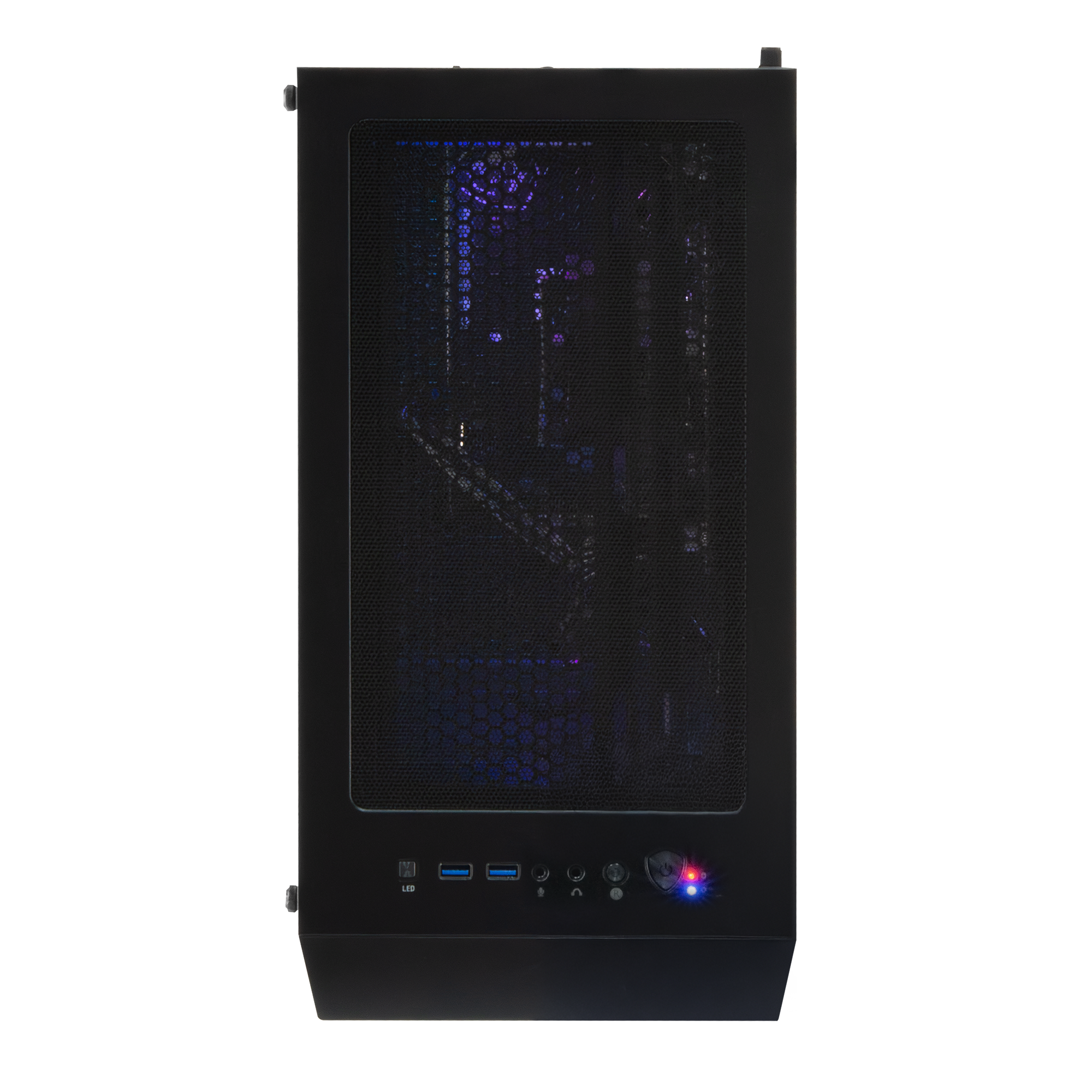 Een zwarte pc-kast met verlichte ventilatoren en poorten.